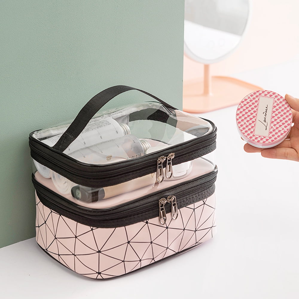 Meiyuuo Makeup Bag Cosmetic Bag Travelling Double Layer Make Up Bag Organizer Medium Case for Women Girls Reusable Toiletry Bags(Blue) Pink - Image 6