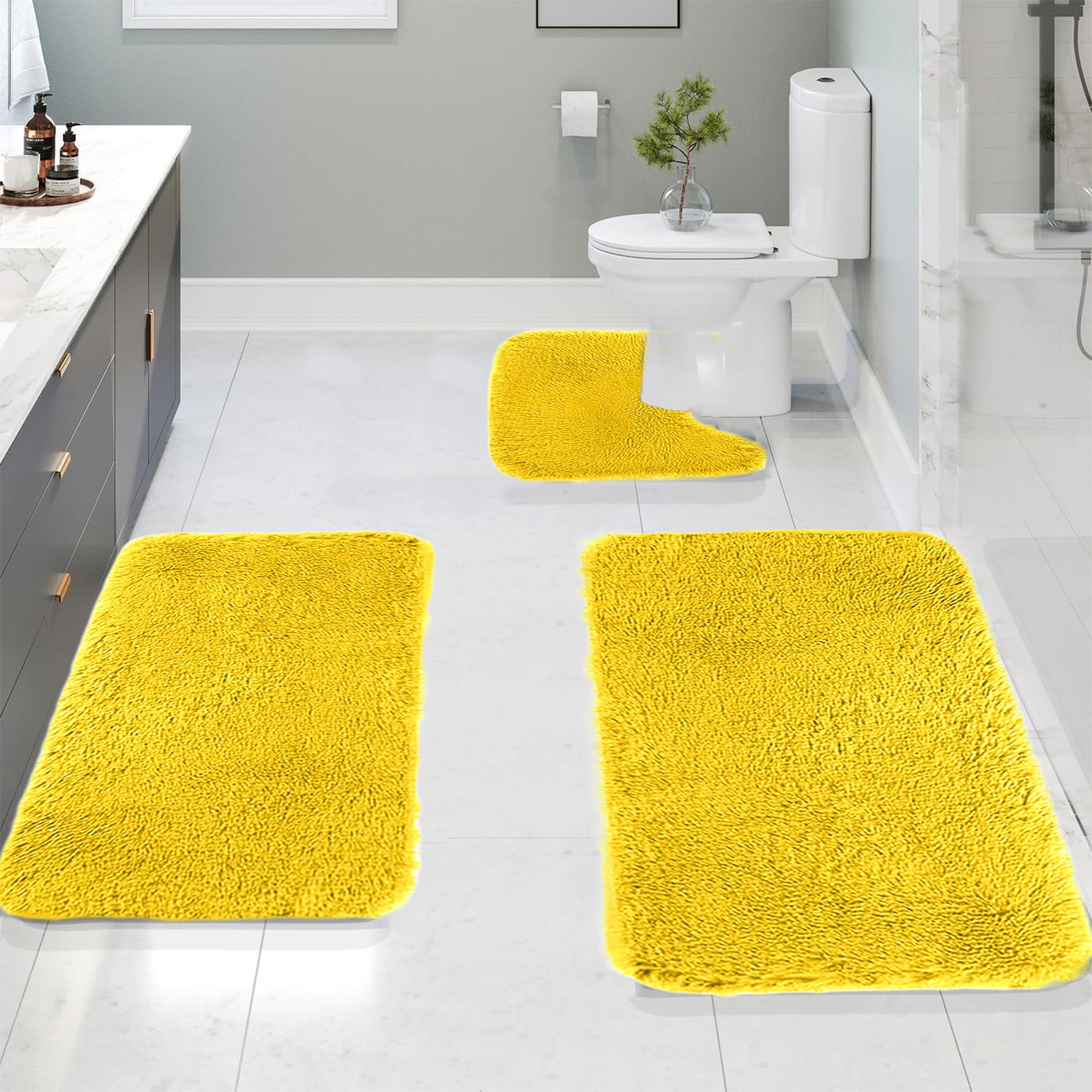 Under $5 Tyidzon Bathroom Rugs Solid Color Bath Mats 3 Set Bath Mats for bathroom Toilet Mats Universal Soft Comfortable Water Absorption Non-Slip Thick Machine Washable Easier to Dry AYellow - Image 1