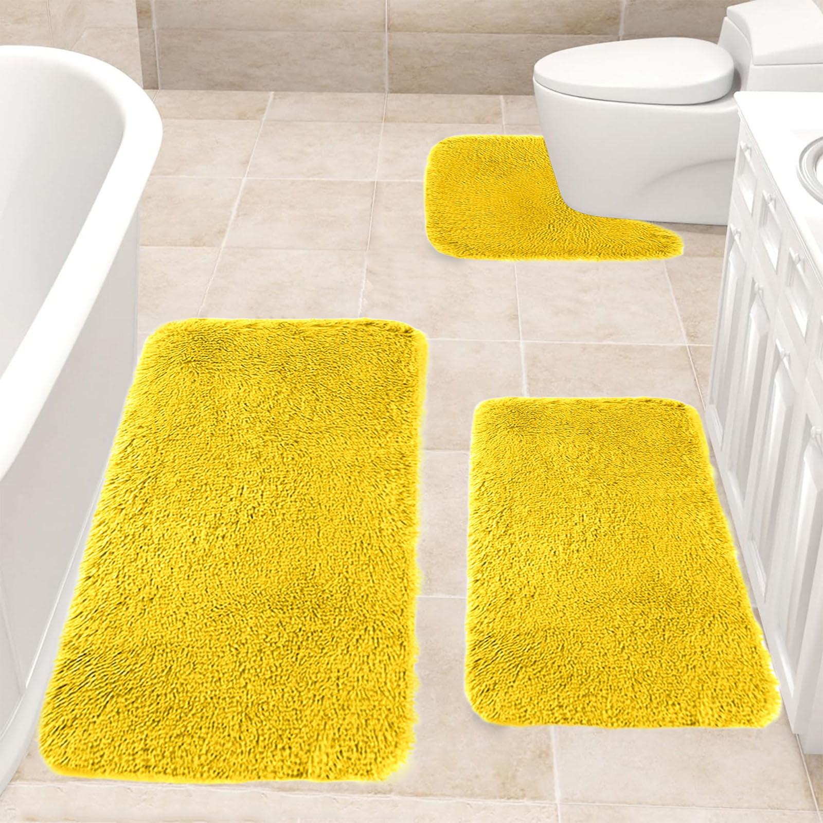 Under $5 Tyidzon Bathroom Rugs Solid Color Bath Mats 3 Set Bath Mats for bathroom Toilet Mats Universal Soft Comfortable Water Absorption Non-Slip Thick Machine Washable Easier to Dry AYellow - Image 5