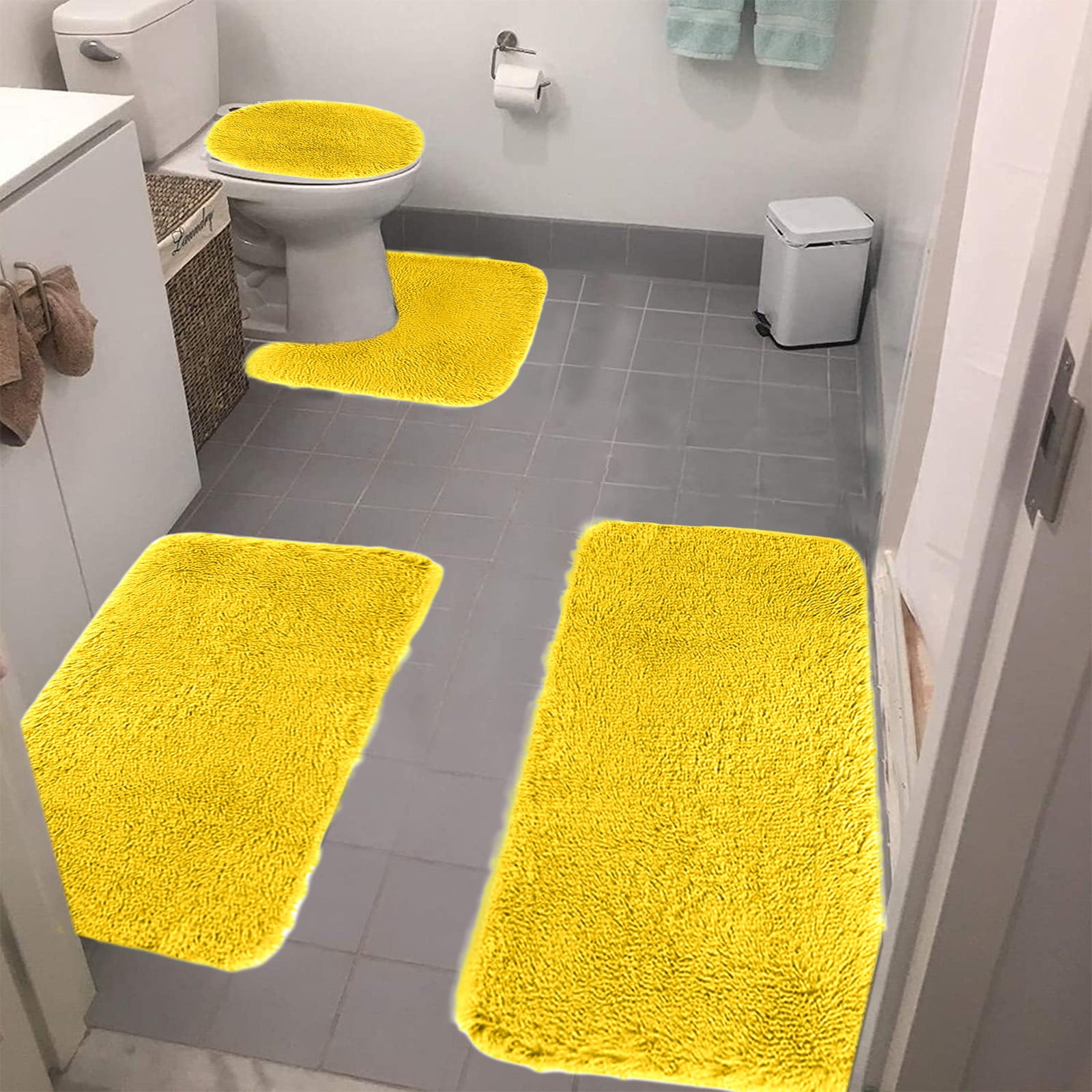 Under $5 Tyidzon Bathroom Rugs Solid Color Bath Mats 3 Set Bath Mats for bathroom Toilet Mats Universal Soft Comfortable Water Absorption Non-Slip Thick Machine Washable Easier to Dry AYellow 2 - Image 1