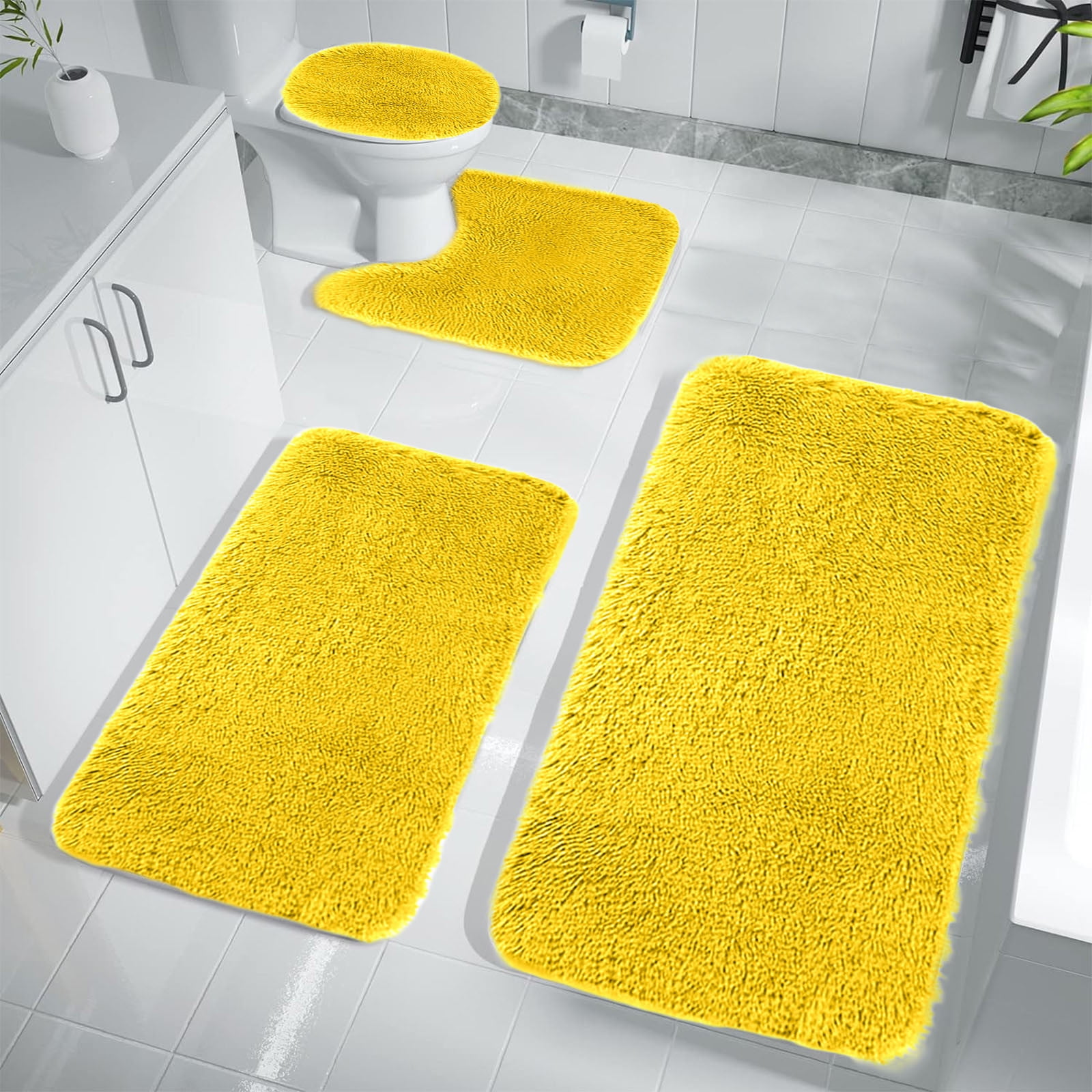 Under $5 Tyidzon Bathroom Rugs Solid Color Bath Mats 3 Set Bath Mats for bathroom Toilet Mats Universal Soft Comfortable Water Absorption Non-Slip Thick Machine Washable Easier to Dry AYellow 2 - Image 4
