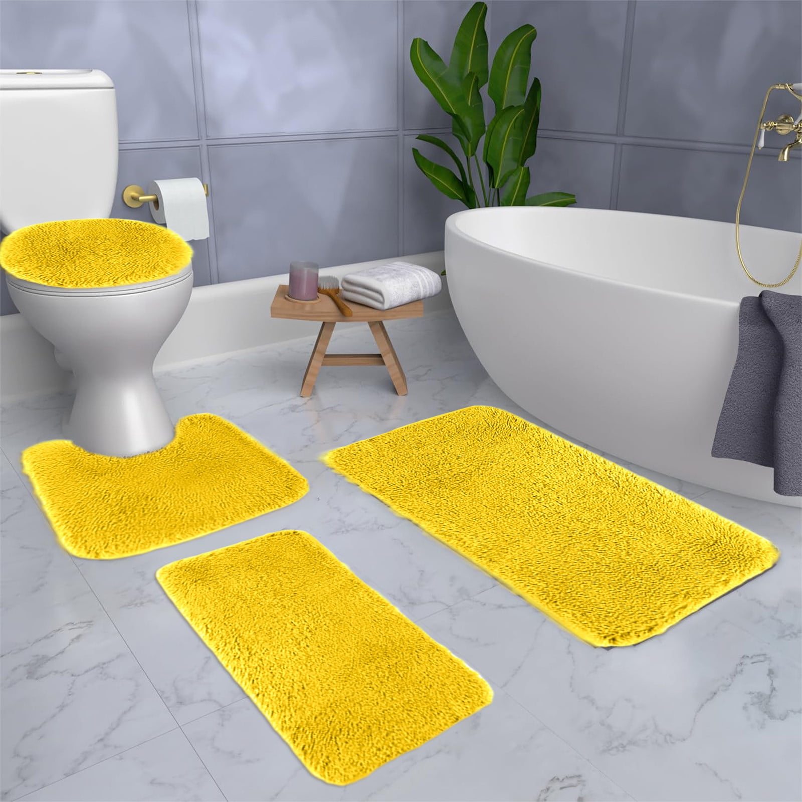 Under $5 Tyidzon Bathroom Rugs Solid Color Bath Mats 3 Set Bath Mats for bathroom Toilet Mats Universal Soft Comfortable Water Absorption Non-Slip Thick Machine Washable Easier to Dry AYellow 2 - Image 5