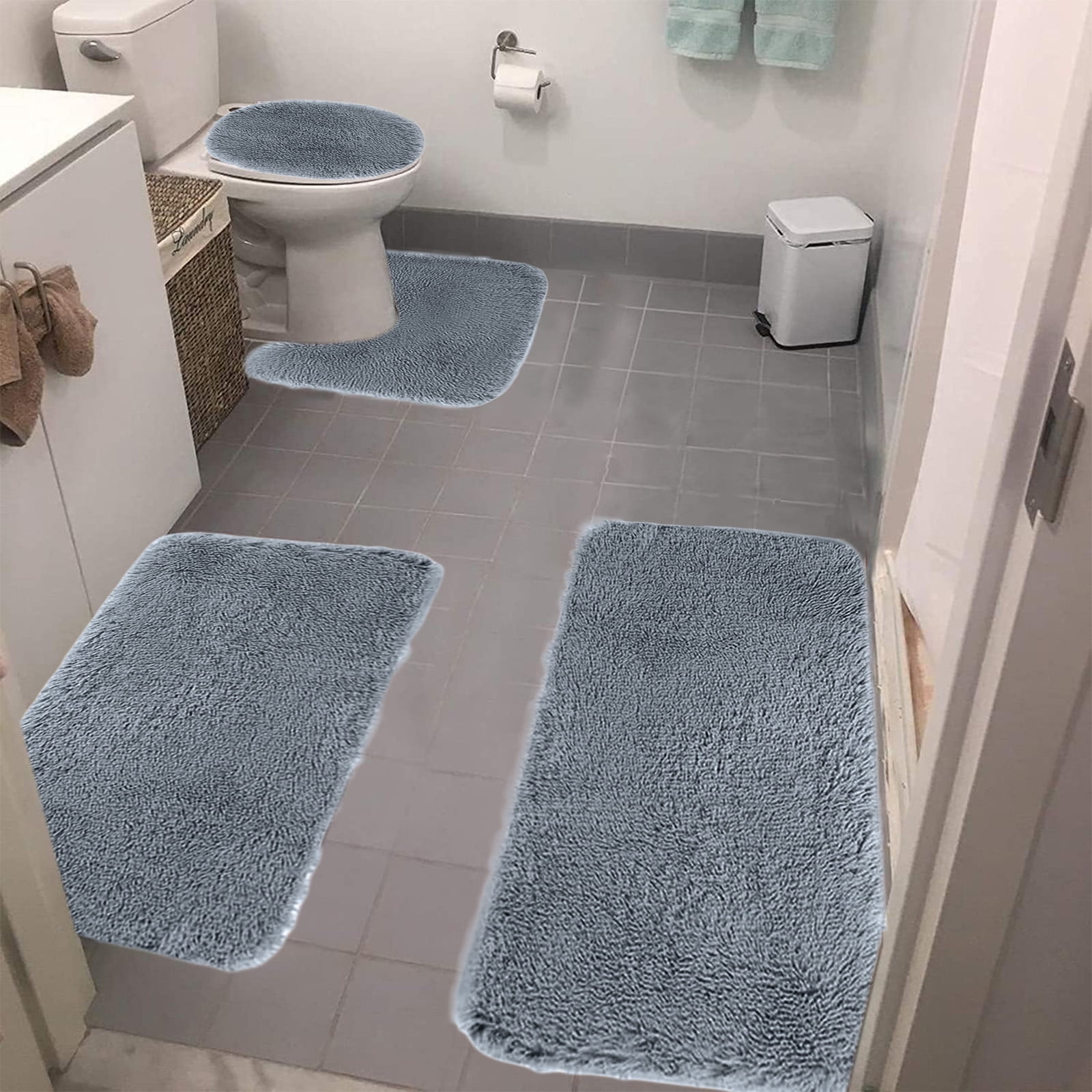Under $5 Tyidzon Bathroom Rugs Solid Color Bath Mats 3 Set Bath Mats for bathroom Toilet Mats Universal Soft Comfortable Water Absorption Non-Slip Thick Machine Washable Easier to Dry BDark Gray 2 - Image 1