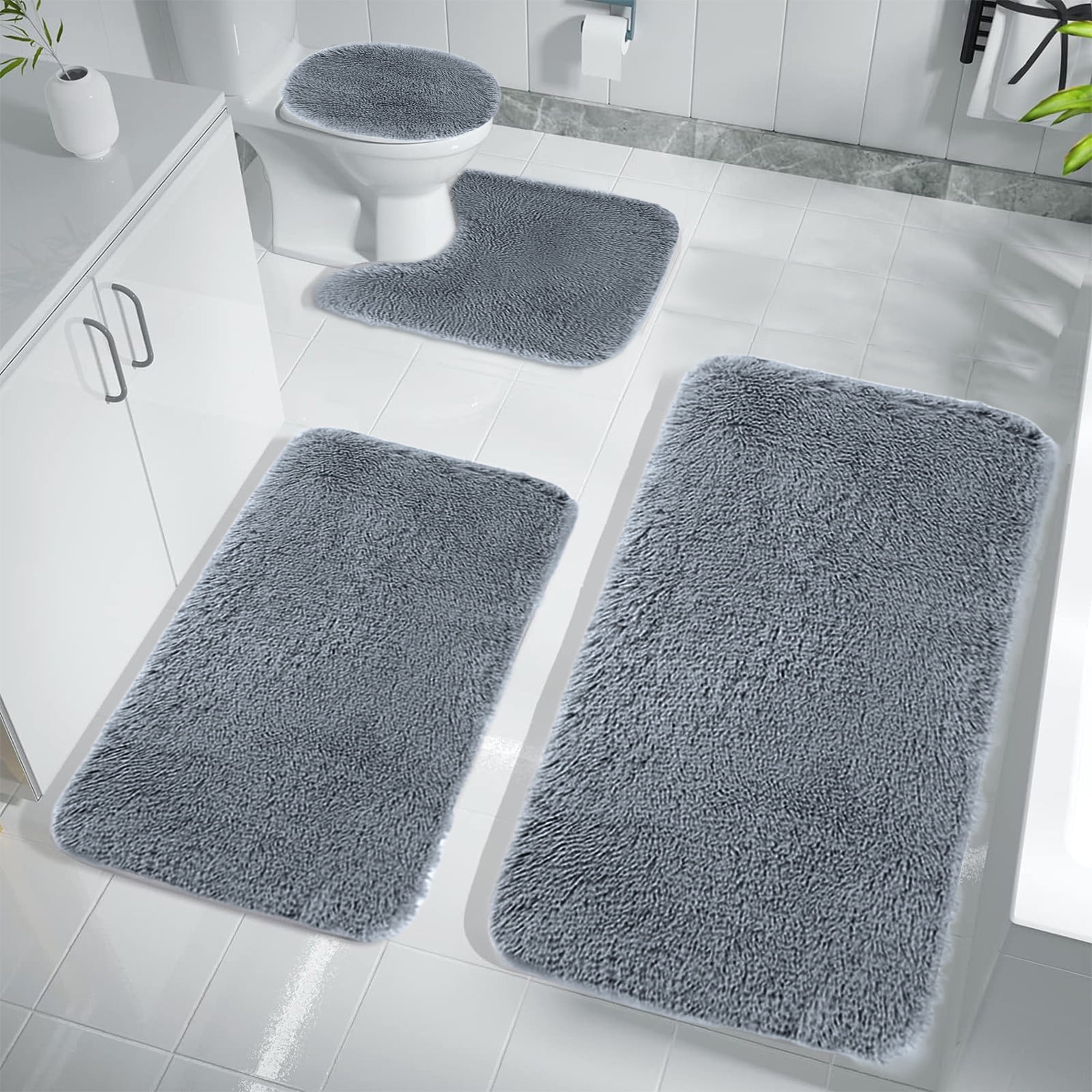 Under $5 Tyidzon Bathroom Rugs Solid Color Bath Mats 3 Set Bath Mats for bathroom Toilet Mats Universal Soft Comfortable Water Absorption Non-Slip Thick Machine Washable Easier to Dry BDark Gray 2 - Image 4
