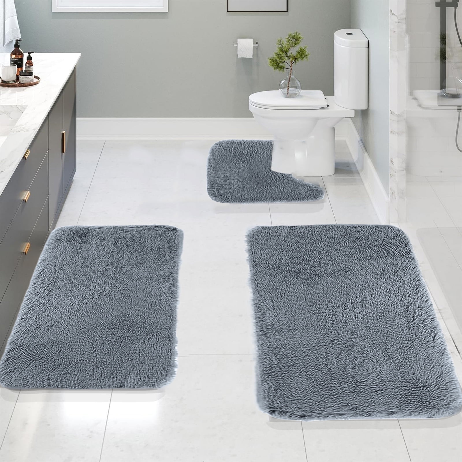 Under $5 Tyidzon Bathroom Rugs Solid Color Bath Mats 3 Set Bath Mats for bathroom Toilet Mats Universal Soft Comfortable Water Absorption Non-Slip Thick Machine Washable Easier to Dry BDrak Gray - Image 1