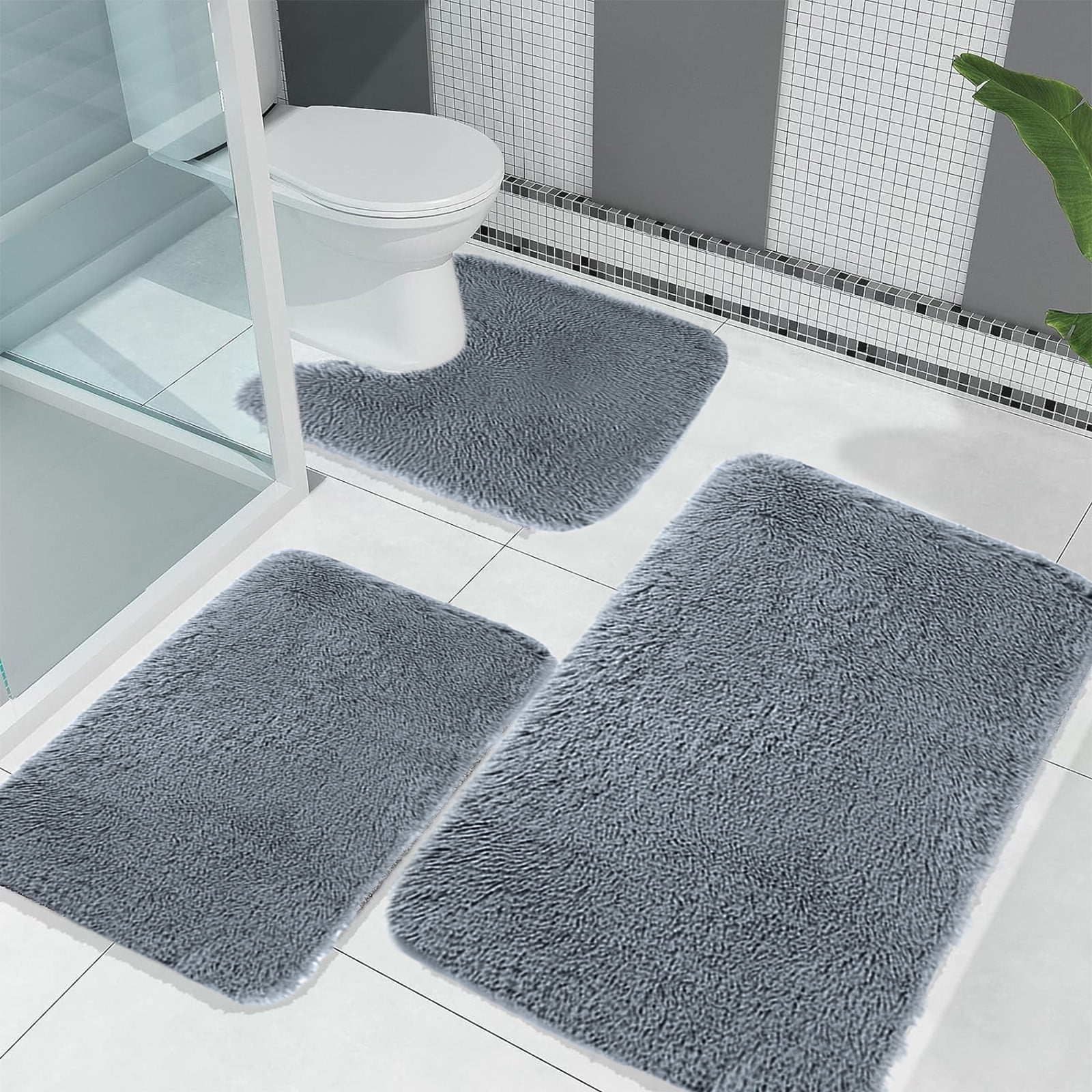 Under $5 Tyidzon Bathroom Rugs Solid Color Bath Mats 3 Set Bath Mats for bathroom Toilet Mats Universal Soft Comfortable Water Absorption Non-Slip Thick Machine Washable Easier to Dry BDrak Gray - Image 4