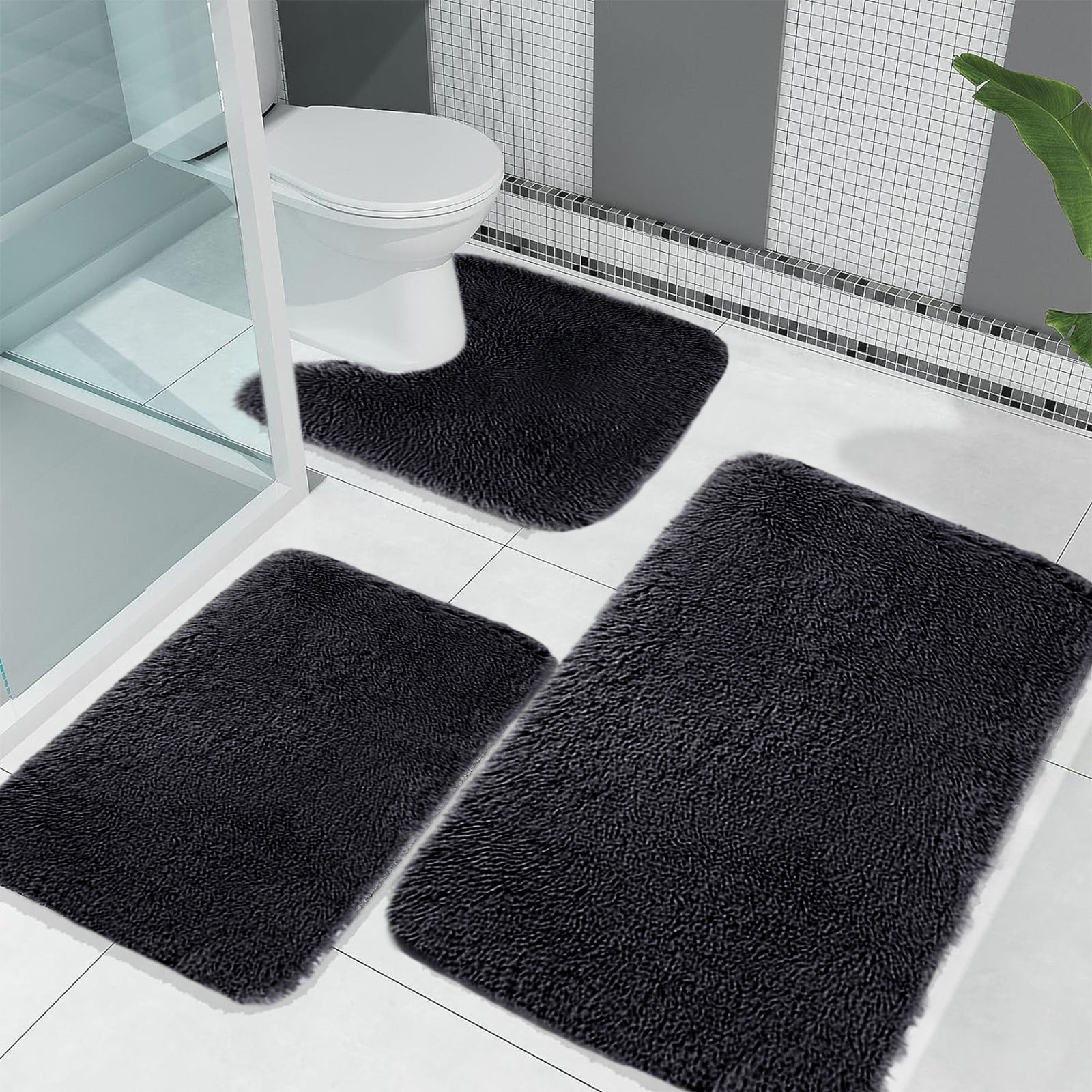Under $5 Tyidzon Bathroom Rugs Solid Color Bath Mats 3 Set Bath Mats for bathroom Toilet Mats Universal Soft Comfortable Water Absorption Non-Slip Thick Machine Washable Easier to Dry Black - Image 1