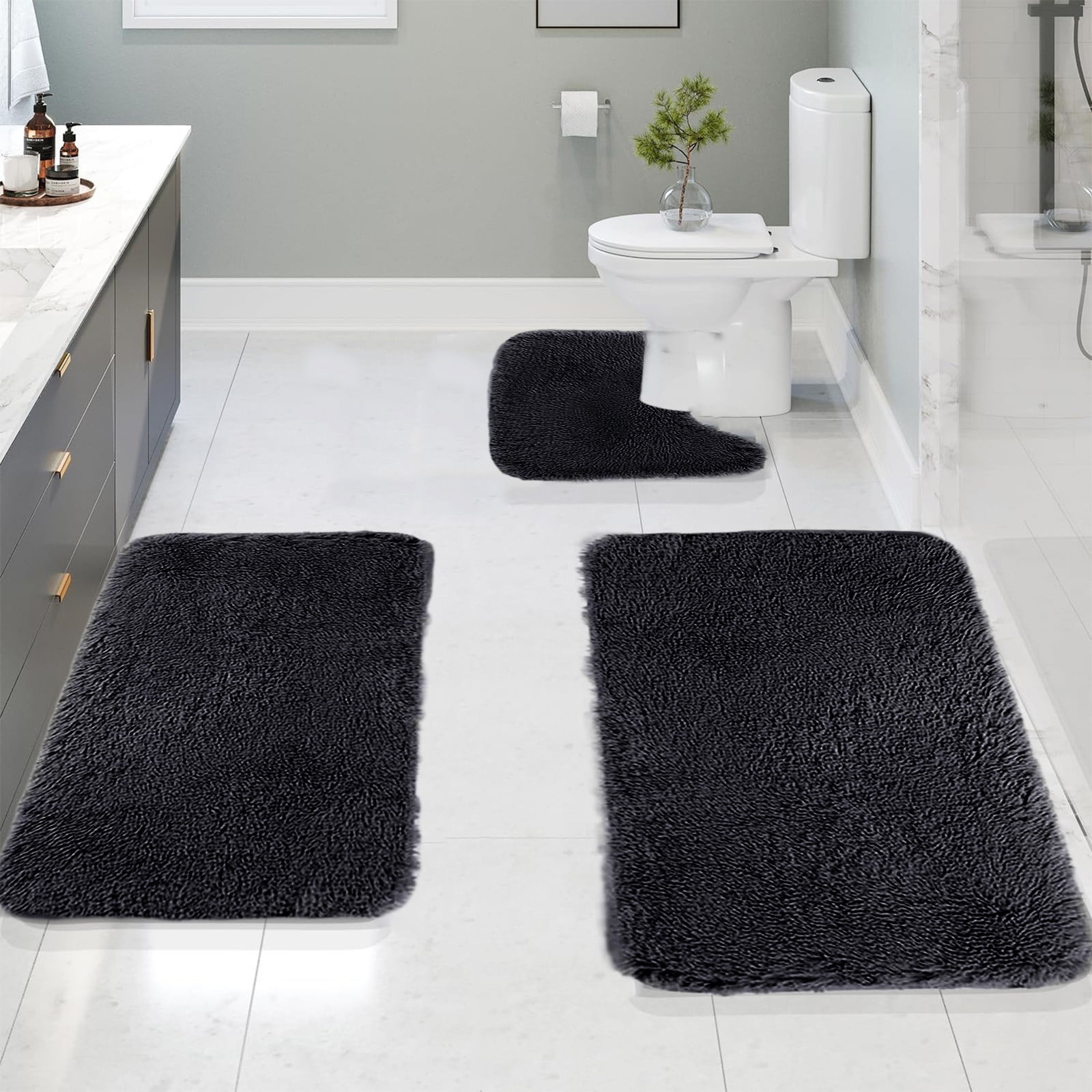Under $5 Tyidzon Bathroom Rugs Solid Color Bath Mats 3 Set Bath Mats for bathroom Toilet Mats Universal Soft Comfortable Water Absorption Non-Slip Thick Machine Washable Easier to Dry Black - Image 4