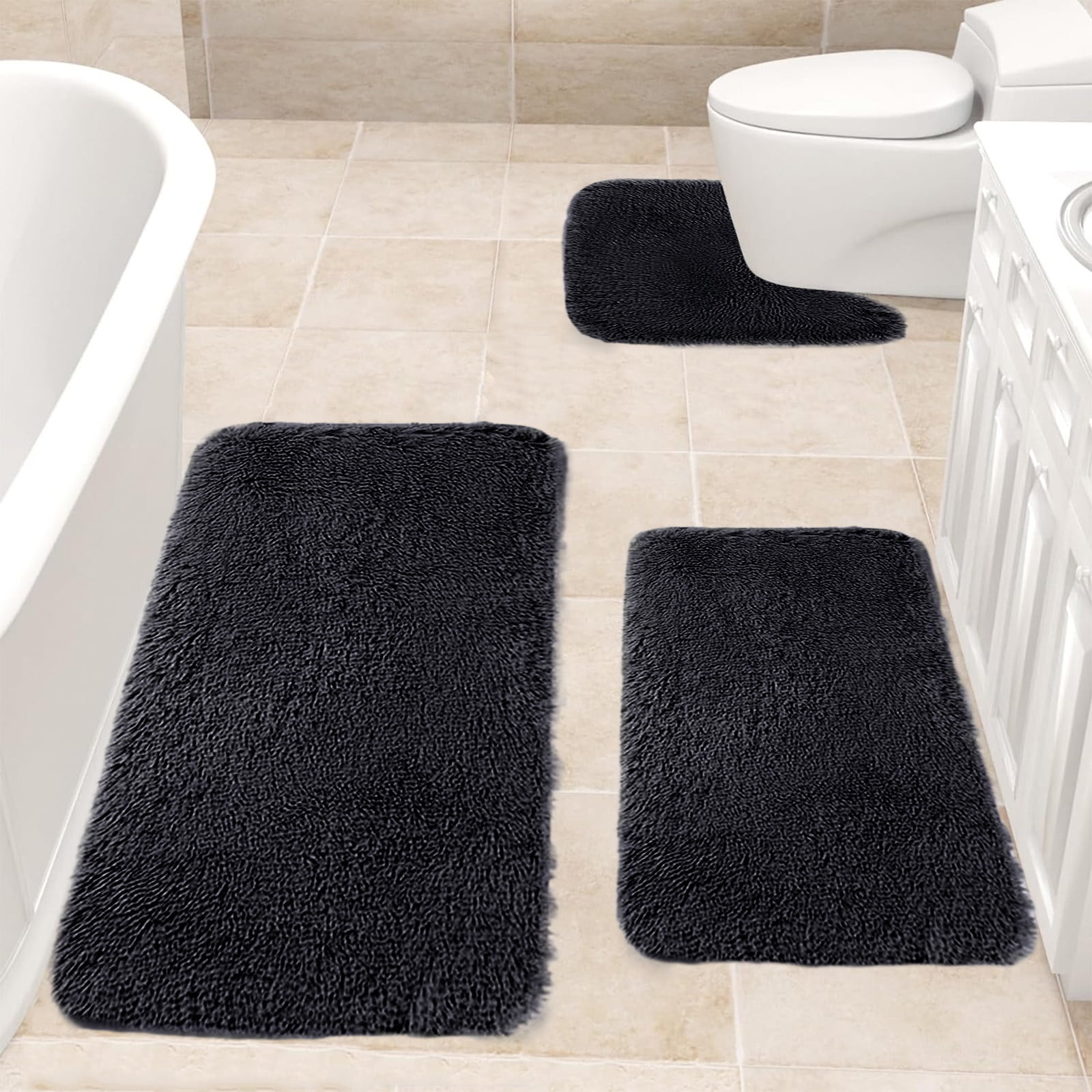 Under $5 Tyidzon Bathroom Rugs Solid Color Bath Mats 3 Set Bath Mats for bathroom Toilet Mats Universal Soft Comfortable Water Absorption Non-Slip Thick Machine Washable Easier to Dry Black - Image 5