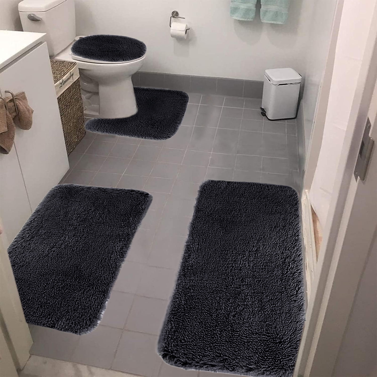 Under $5 Tyidzon Bathroom Rugs Solid Color Bath Mats 3 Set Bath Mats for bathroom Toilet Mats Universal Soft Comfortable Water Absorption Non-Slip Thick Machine Washable Easier to Dry Black 2 - Image 1