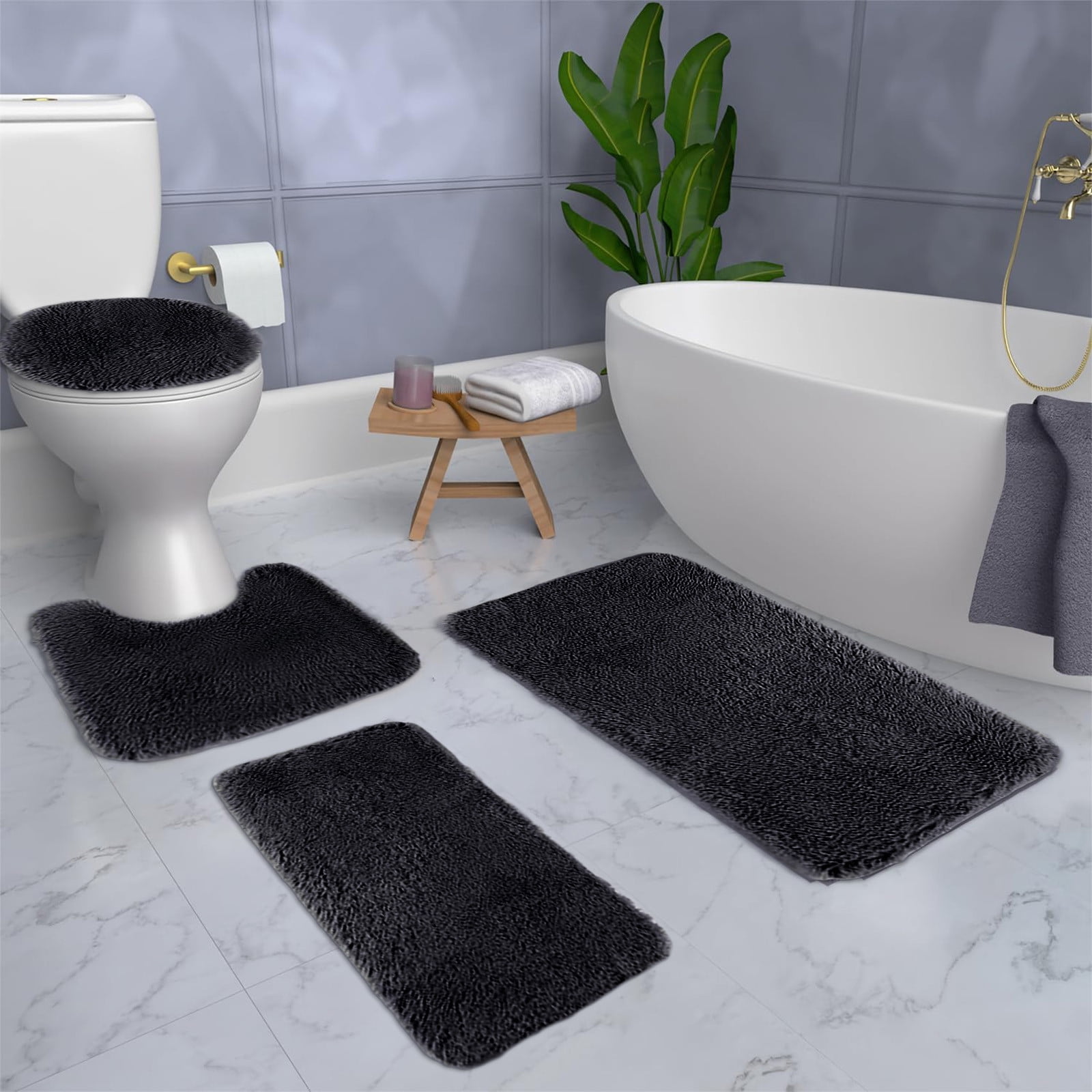 Under $5 Tyidzon Bathroom Rugs Solid Color Bath Mats 3 Set Bath Mats for bathroom Toilet Mats Universal Soft Comfortable Water Absorption Non-Slip Thick Machine Washable Easier to Dry Black 2 - Image 5
