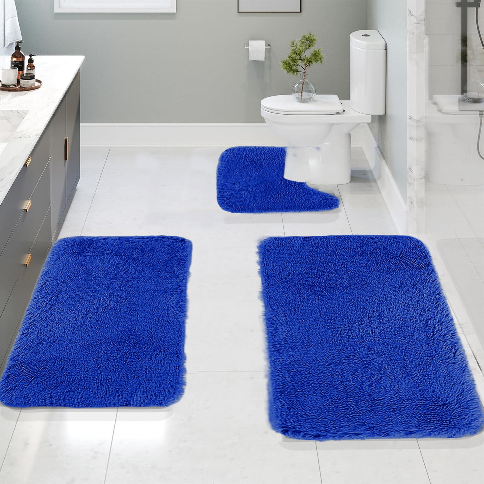Under $5 Tyidzon Bathroom Rugs Solid Color Bath Mats 3 Set Bath Mats for bathroom Toilet Mats Universal Soft Comfortable Water Absorption Non-Slip Thick Machine Washable Easier to Dry Blue - Image 1