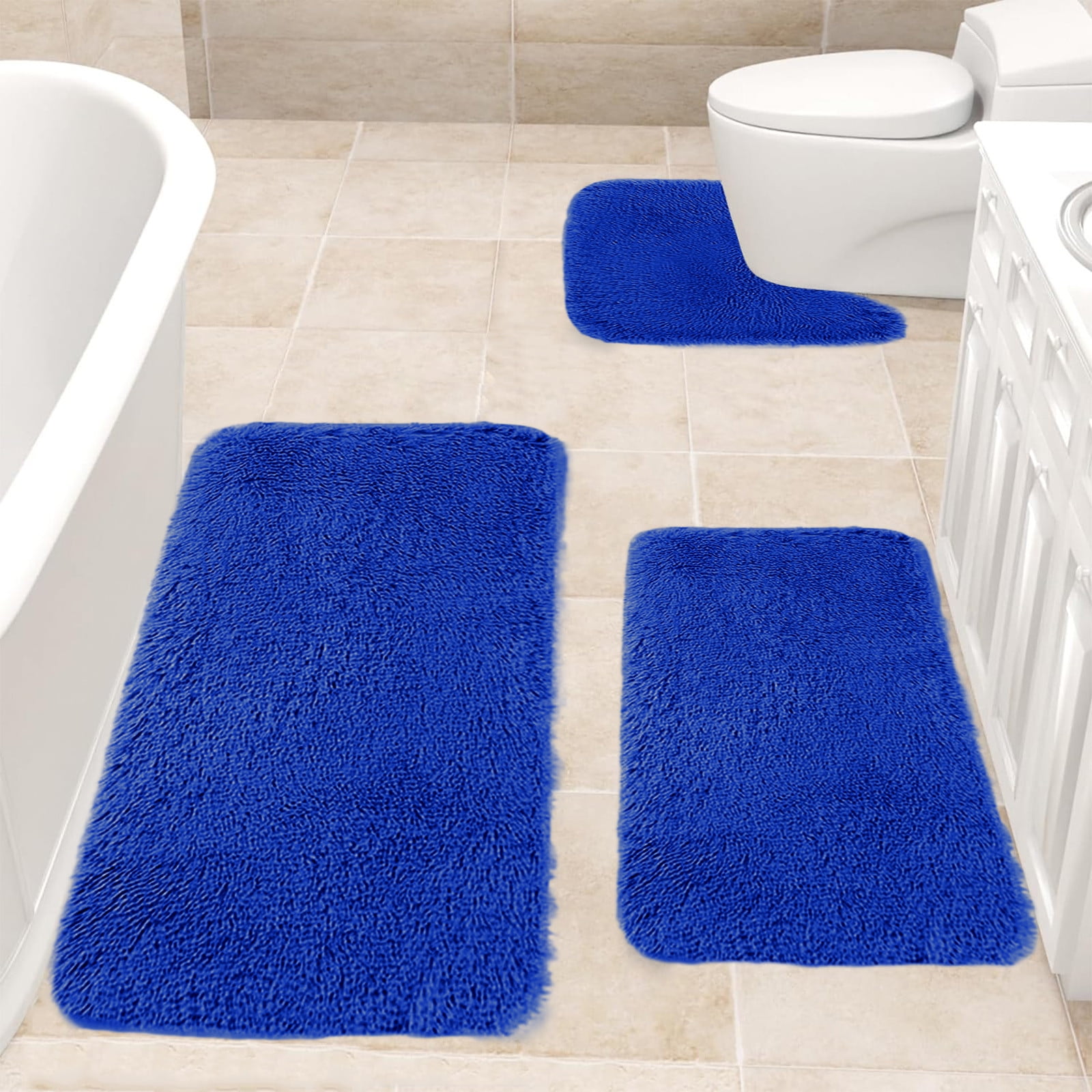 Under $5 Tyidzon Bathroom Rugs Solid Color Bath Mats 3 Set Bath Mats for bathroom Toilet Mats Universal Soft Comfortable Water Absorption Non-Slip Thick Machine Washable Easier to Dry Blue - Image 5