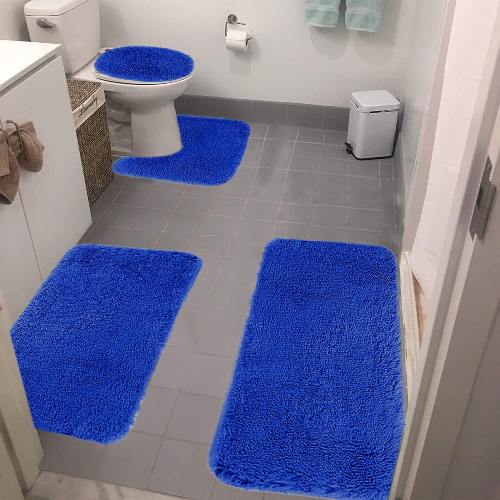 Under $5 Tyidzon Bathroom Rugs Solid Color Bath Mats 3 Set Bath Mats for bathroom Toilet Mats Universal Soft Comfortable Water Absorption Non-Slip Thick Machine Washable Easier to Dry Blue 2 - Image 1