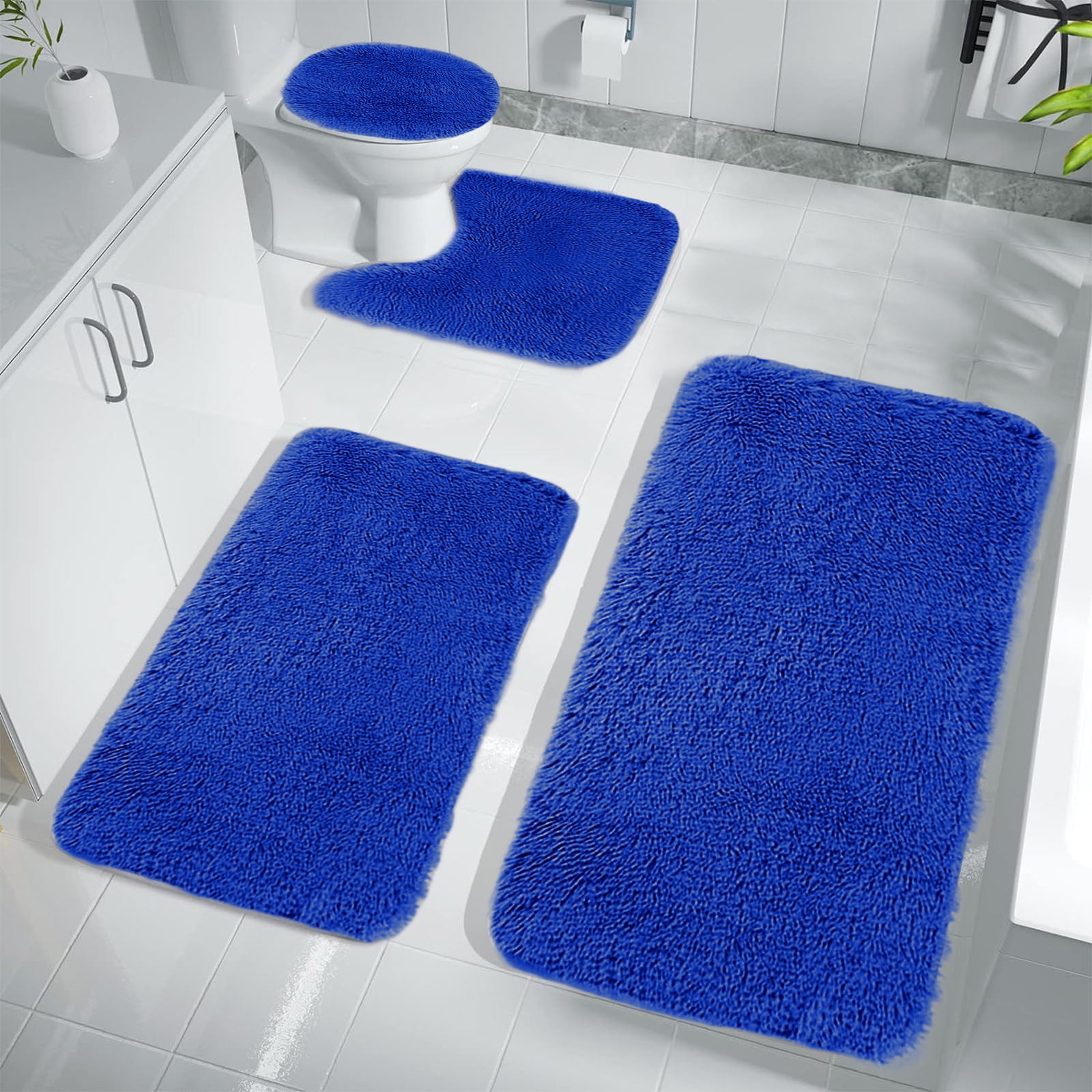 Under $5 Tyidzon Bathroom Rugs Solid Color Bath Mats 3 Set Bath Mats for bathroom Toilet Mats Universal Soft Comfortable Water Absorption Non-Slip Thick Machine Washable Easier to Dry Blue 2 - Image 4