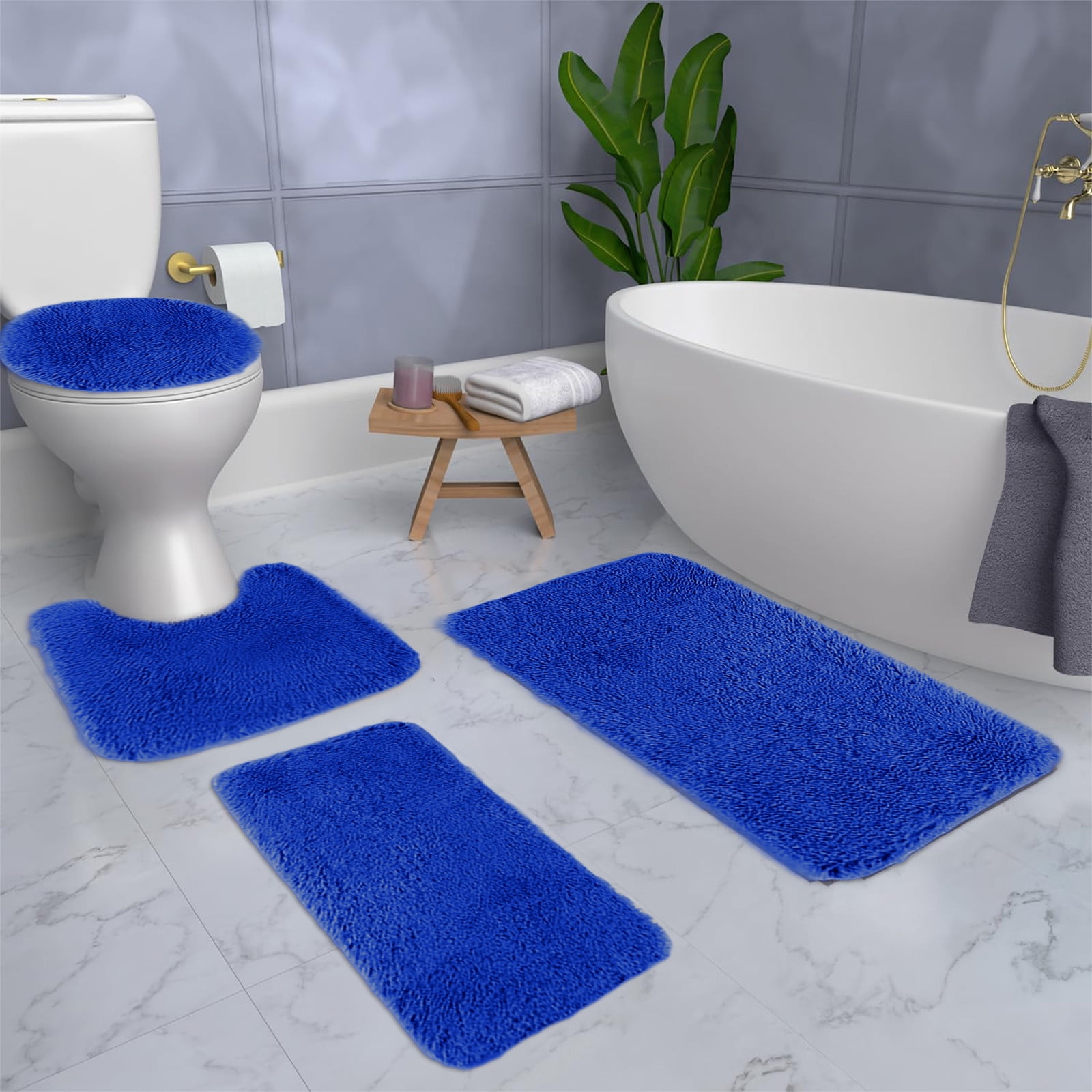 Under $5 Tyidzon Bathroom Rugs Solid Color Bath Mats 3 Set Bath Mats for bathroom Toilet Mats Universal Soft Comfortable Water Absorption Non-Slip Thick Machine Washable Easier to Dry Blue 2 - Image 5
