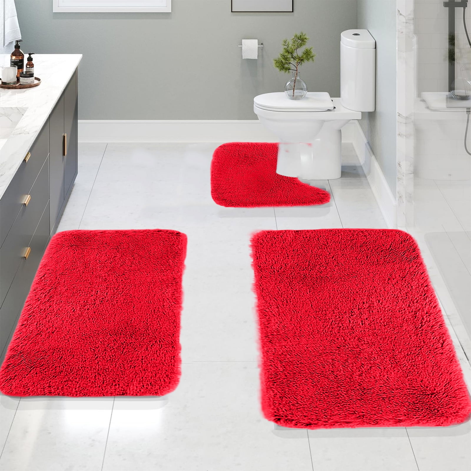 Under $5 Tyidzon Bathroom Rugs Solid Color Bath Mats 3 Set Bath Mats for bathroom Toilet Mats Universal Soft Comfortable Water Absorption Non-Slip Thick Machine Washable Easier to Dry Red - Image 1