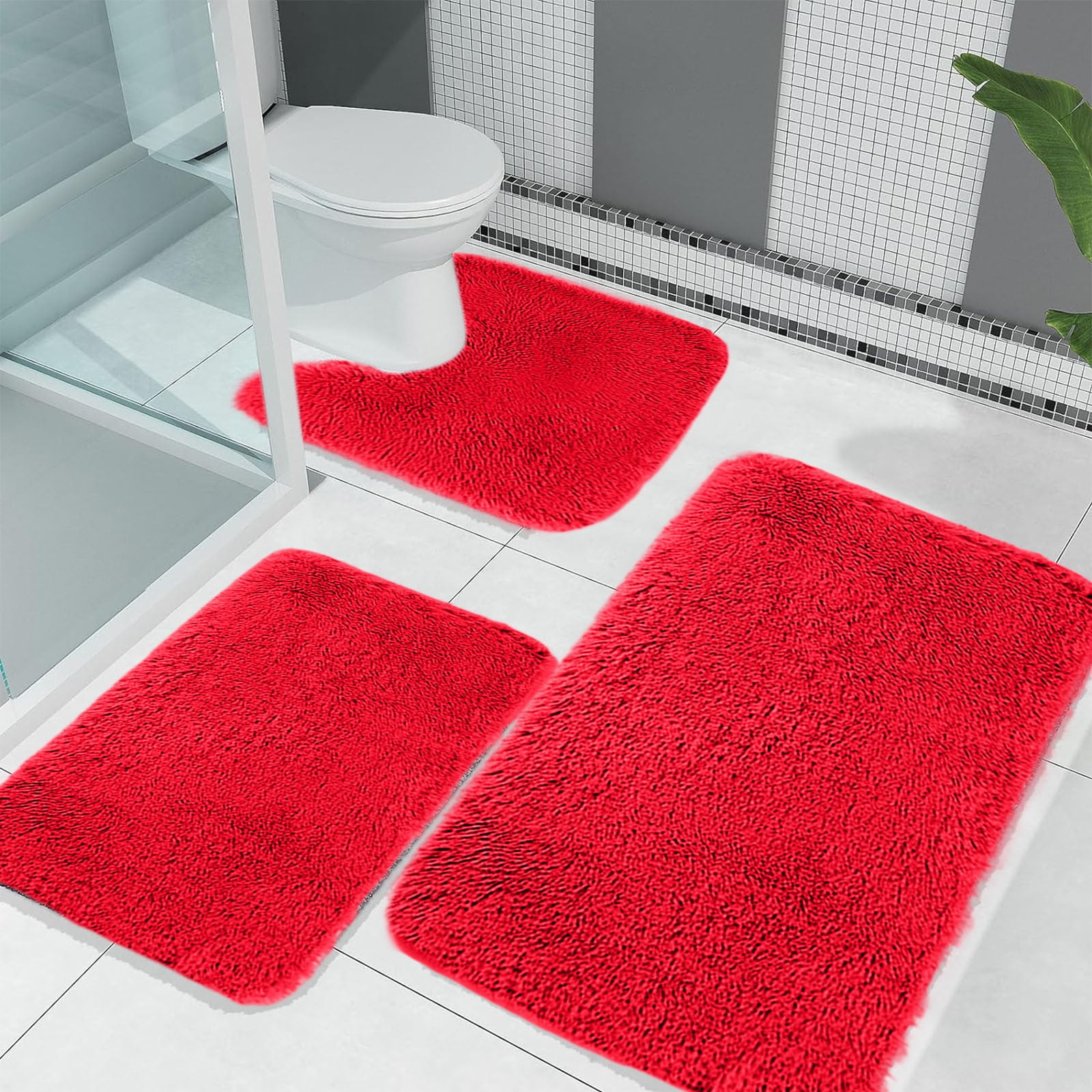 Under $5 Tyidzon Bathroom Rugs Solid Color Bath Mats 3 Set Bath Mats for bathroom Toilet Mats Universal Soft Comfortable Water Absorption Non-Slip Thick Machine Washable Easier to Dry Red - Image 4