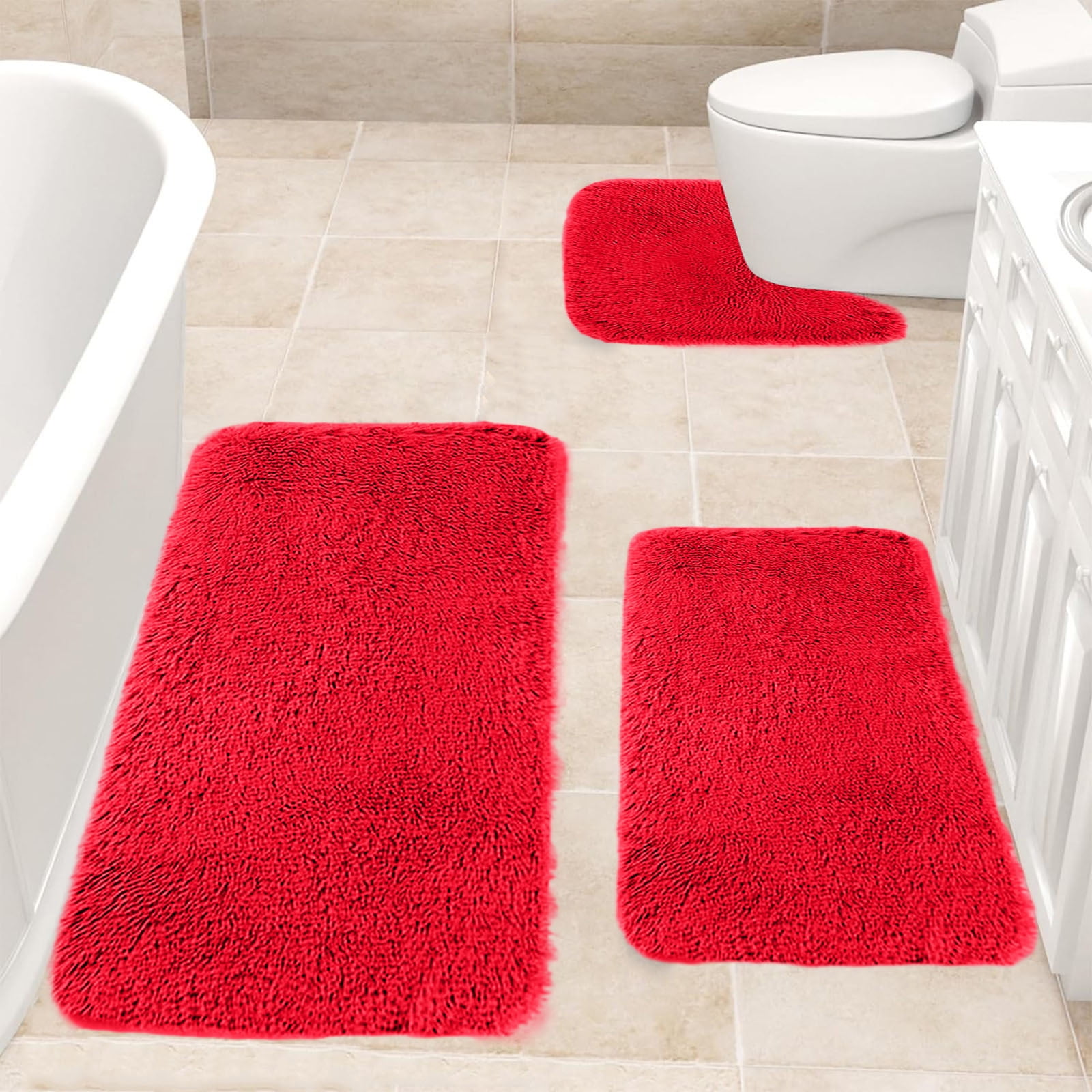 Under $5 Tyidzon Bathroom Rugs Solid Color Bath Mats 3 Set Bath Mats for bathroom Toilet Mats Universal Soft Comfortable Water Absorption Non-Slip Thick Machine Washable Easier to Dry Red - Image 5