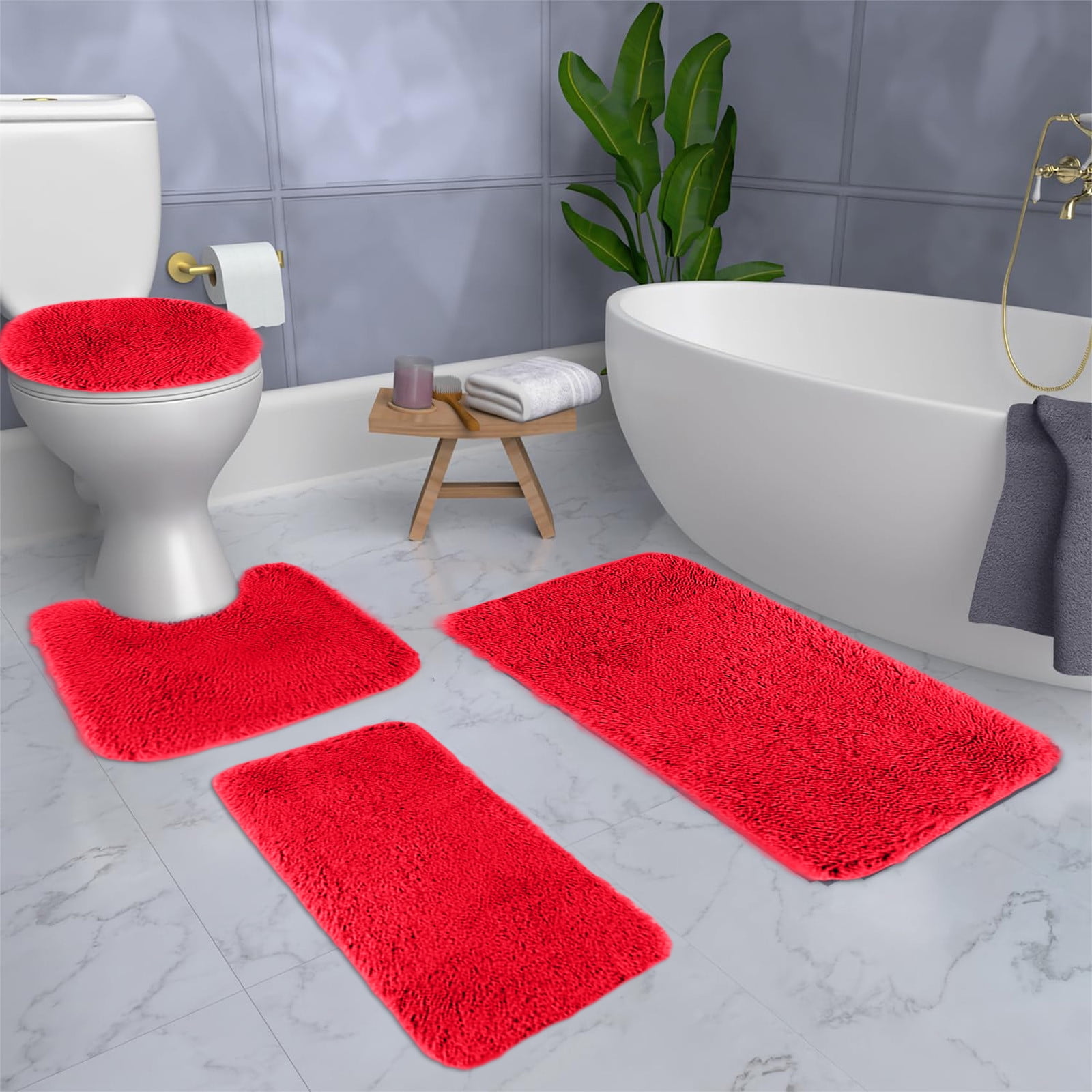 Under $5 Tyidzon Bathroom Rugs Solid Color Bath Mats 3 Set Bath Mats for bathroom Toilet Mats Universal Soft Comfortable Water Absorption Non-Slip Thick Machine Washable Easier to Dry Red 2 - Image 5