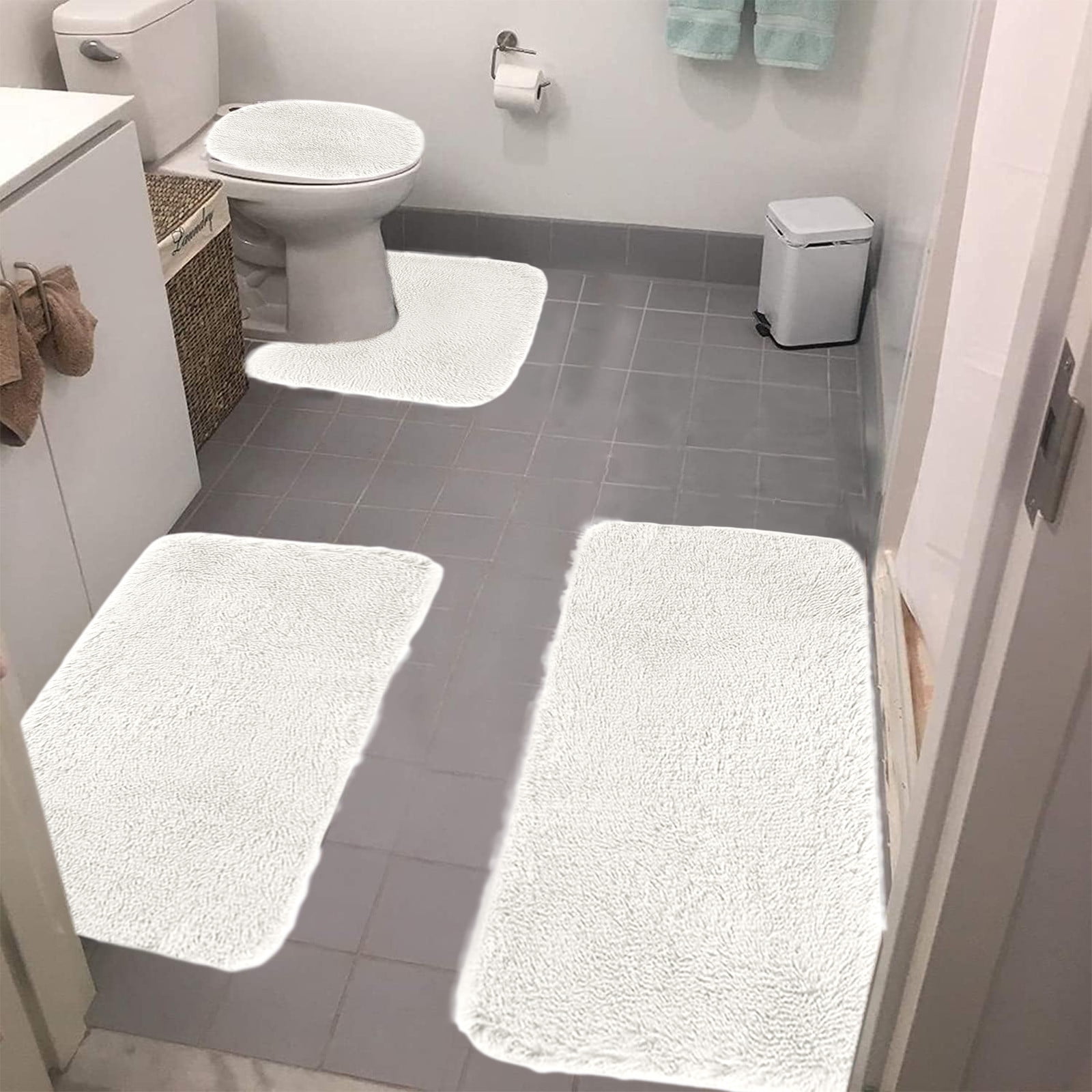 Under $5 Tyidzon Bathroom Rugs Solid Color Bath Mats 3 Set Bath Mats for bathroom Toilet Mats Universal Soft Comfortable Water Absorption Non-Slip Thick Machine Washable Easier to Dry White 2 - Image 1