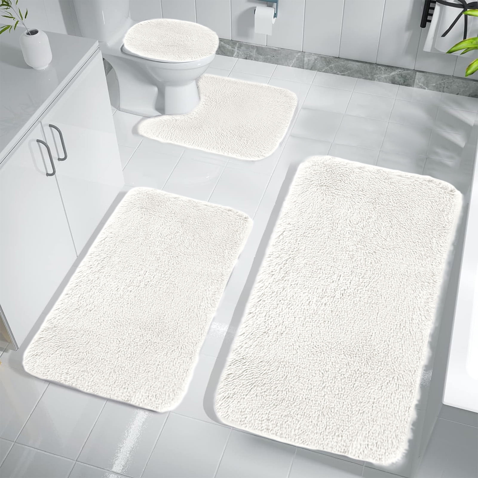 Under $5 Tyidzon Bathroom Rugs Solid Color Bath Mats 3 Set Bath Mats for bathroom Toilet Mats Universal Soft Comfortable Water Absorption Non-Slip Thick Machine Washable Easier to Dry White 2 - Image 4