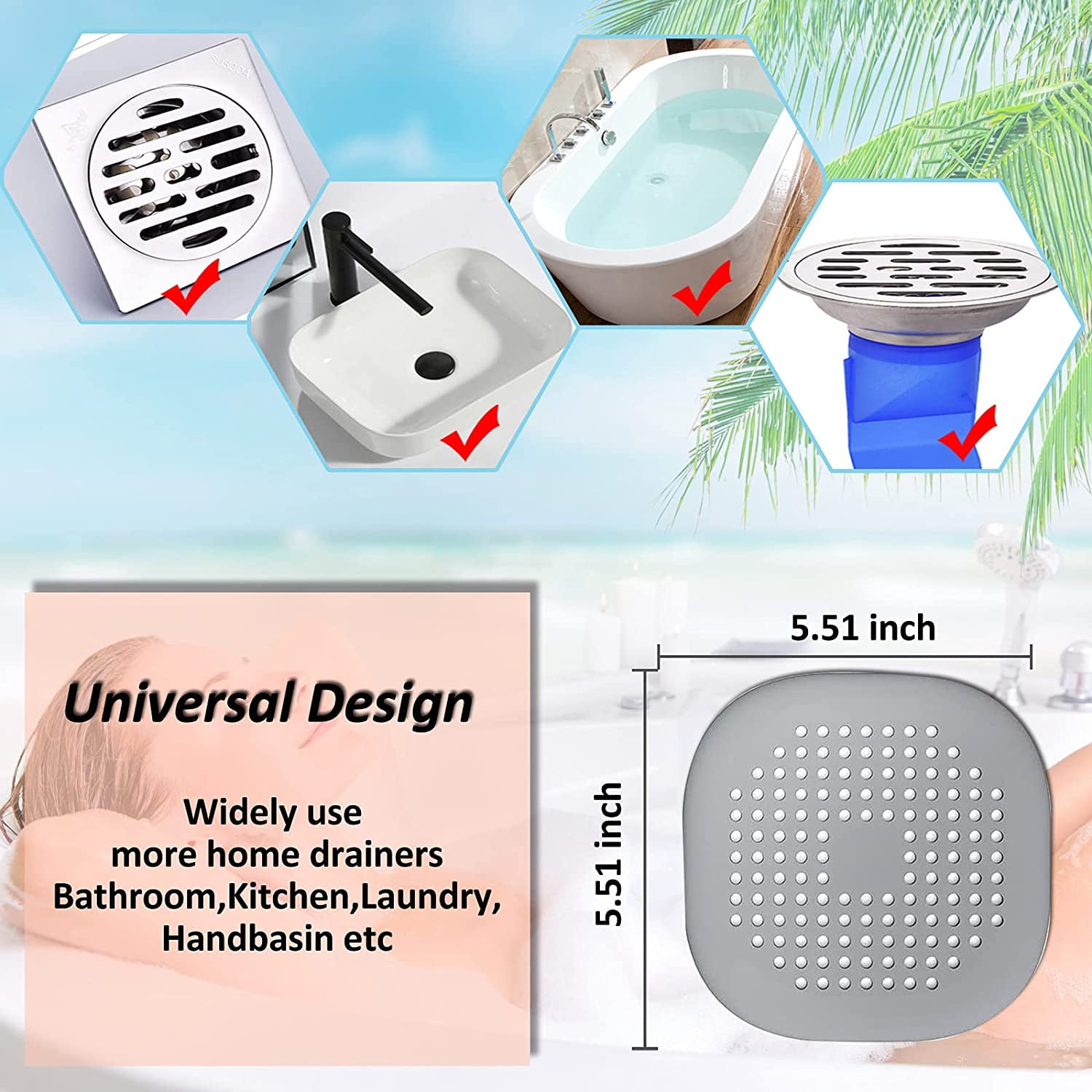 2 PackHair Catcher,Square Hair Drain Cover for Shower Silicone Hair Stopper with Suction Cup,Easy to Install Suit for Bathroom,Bathtub,Kitchen (Grey) - Image 5