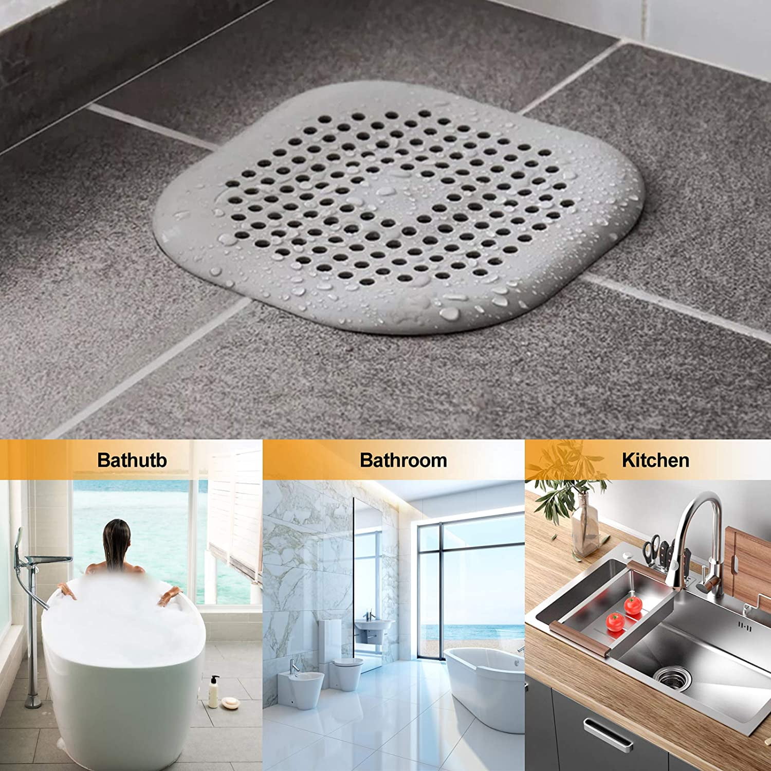 2 PackHair Catcher,Square Hair Drain Cover for Shower Silicone Hair Stopper with Suction Cup,Easy to Install Suit for Bathroom,Bathtub,Kitchen (Grey) - Image 6