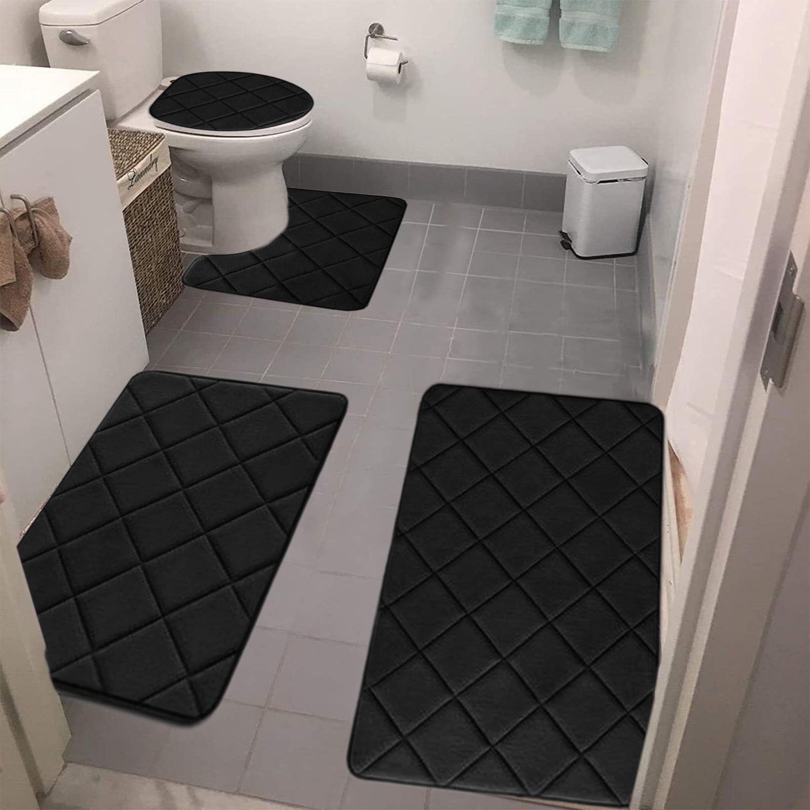 Clearance Tyidzon Bathroom Rugs 4 Piece Ultra Soft & Non-Slip Memory Foam Bath Mats for Bathroom, Absorbent Quick-Drying Bath Mats for Shower Bathroom Floor Rugs Black - Image 1