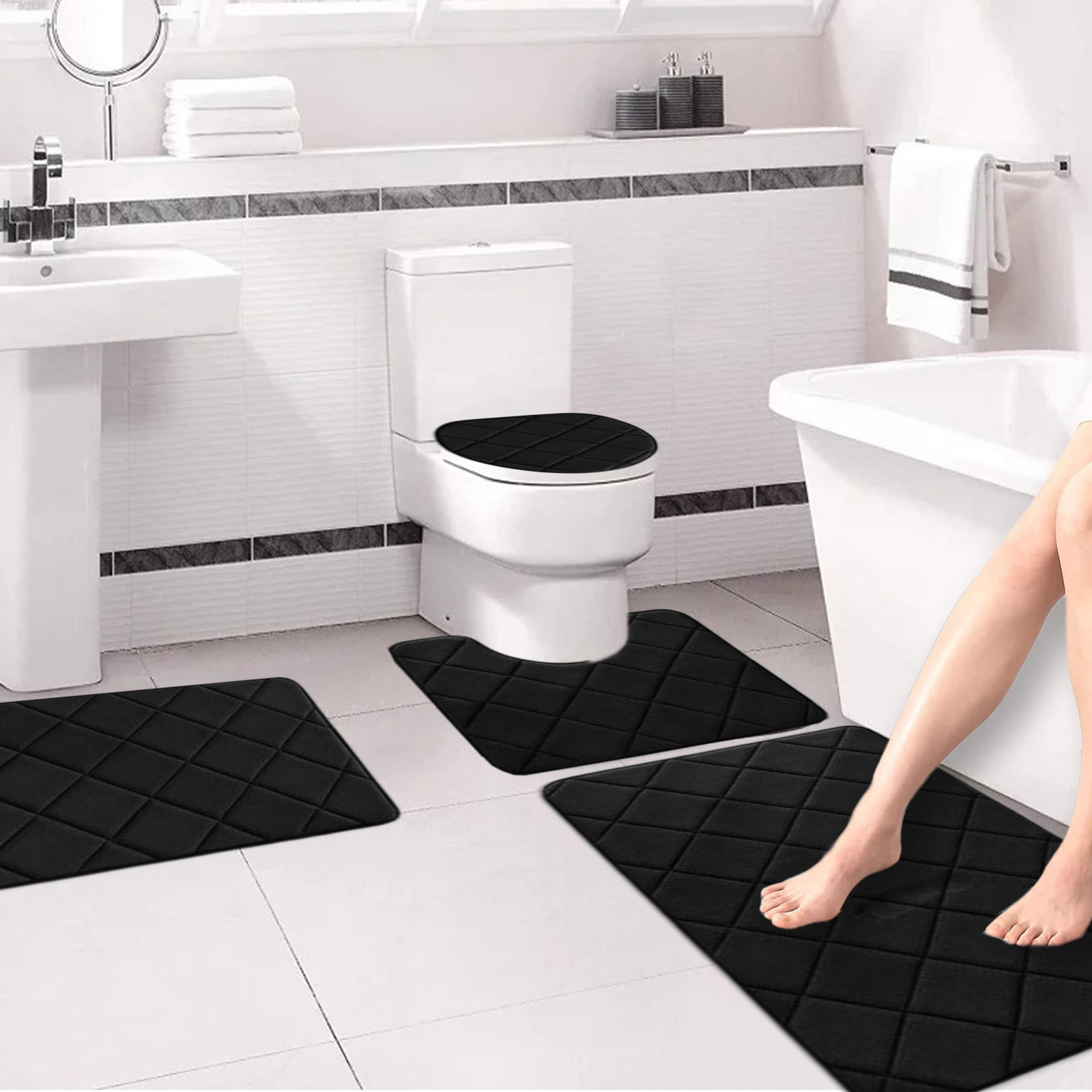 Clearance Tyidzon Bathroom Rugs 4 Piece Ultra Soft & Non-Slip Memory Foam Bath Mats for Bathroom, Absorbent Quick-Drying Bath Mats for Shower Bathroom Floor Rugs Black - Image 4