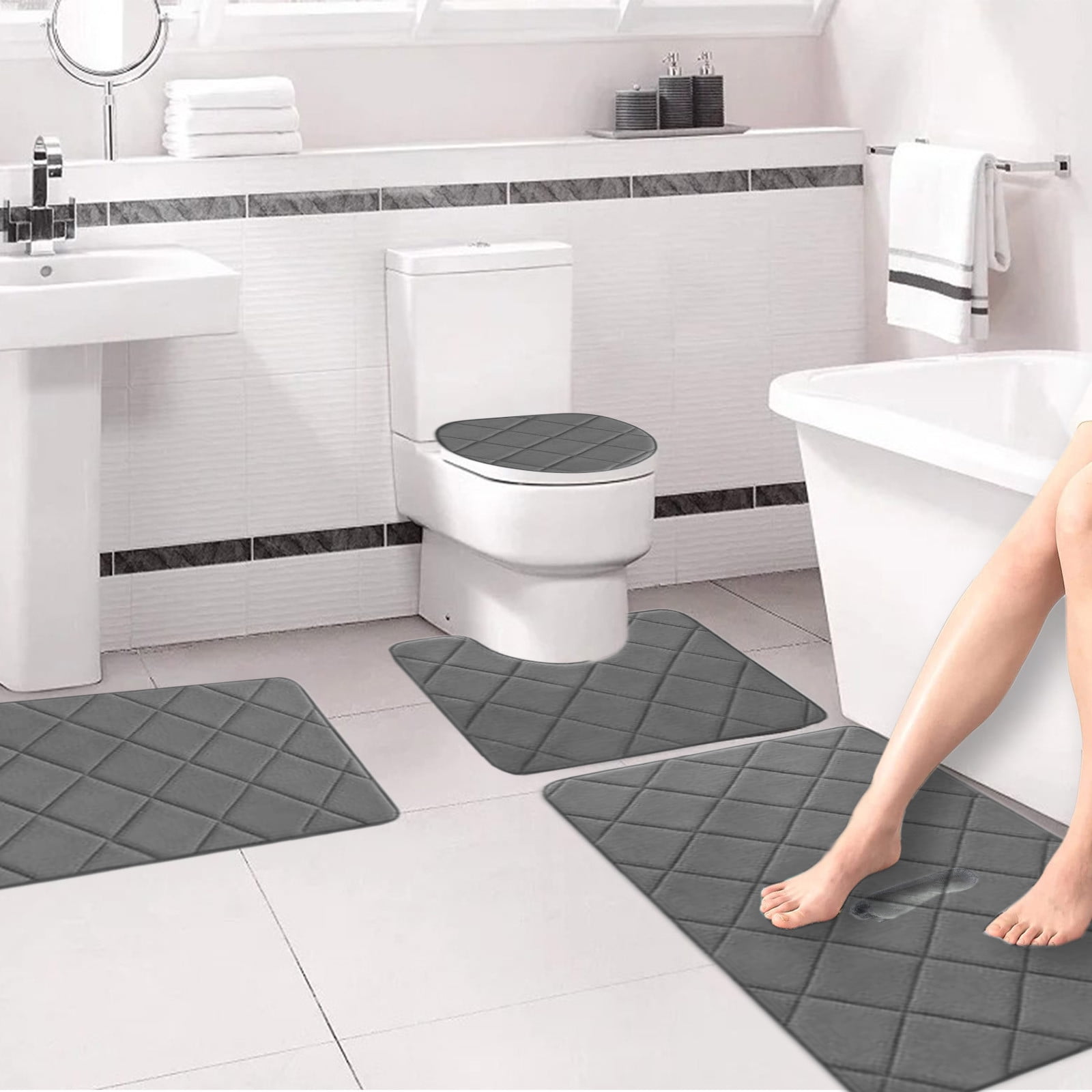 Clearance Tyidzon Bathroom Rugs 4 Piece Ultra Soft & Non-Slip Memory Foam Bath Mats for Bathroom, Absorbent Quick-Drying Bath Mats for Shower Bathroom Floor Rugs Dark Gray - Image 4