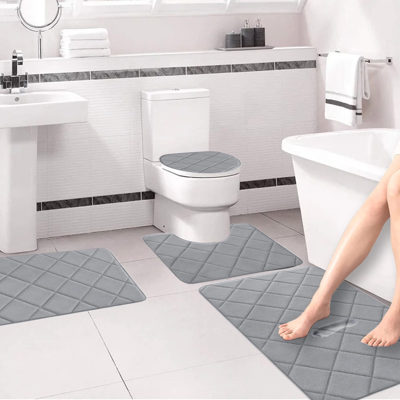 Clearance Tyidzon Bathroom Rugs 4 Piece Ultra Soft & Non-Slip Memory Foam Bath Mats for Bathroom, Absorbent Quick-Drying Bath Mats for Shower Bathroom Floor Rugs Gray - Image 4