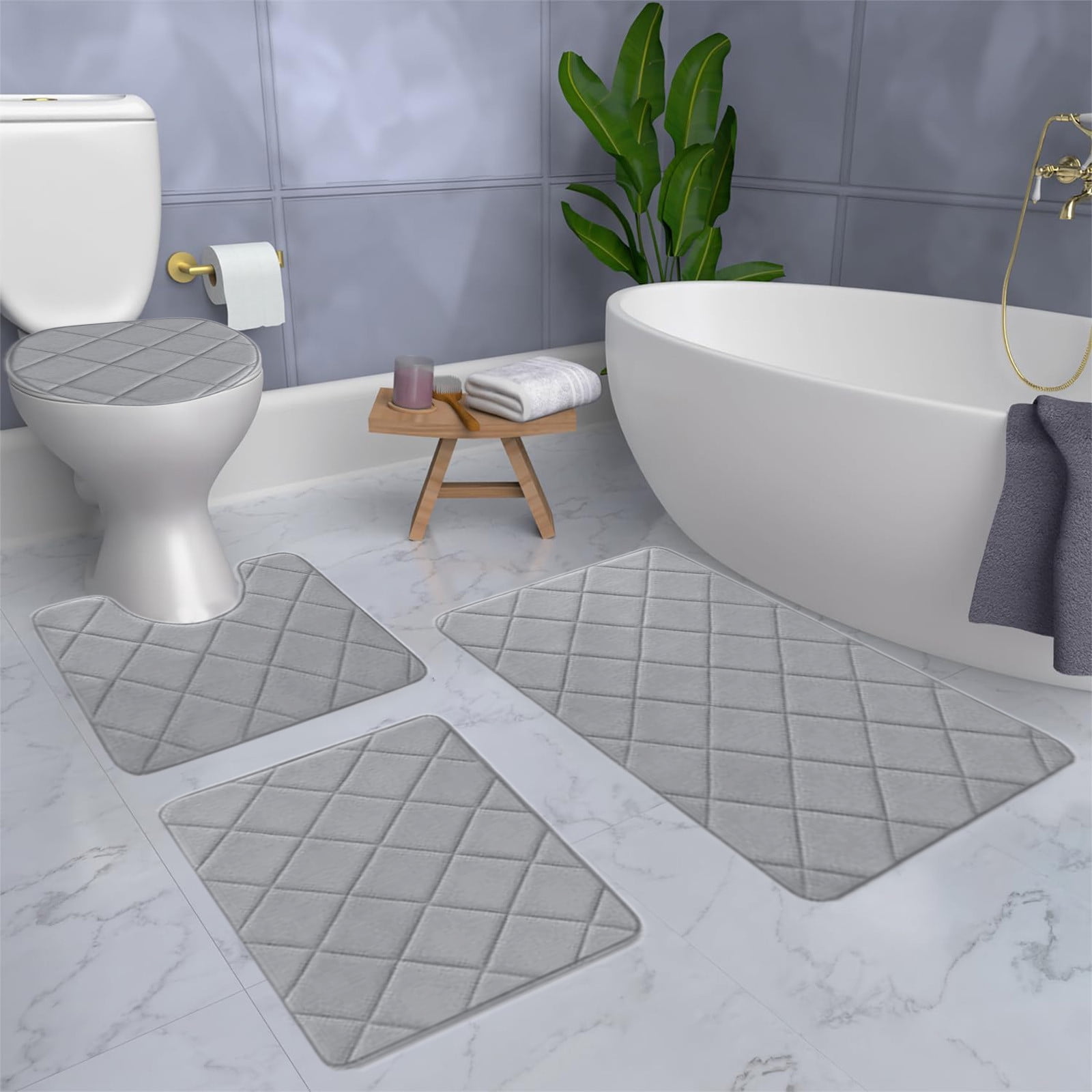 Clearance Tyidzon Bathroom Rugs 4 Piece Ultra Soft & Non-Slip Memory Foam Bath Mats for Bathroom, Absorbent Quick-Drying Bath Mats for Shower Bathroom Floor Rugs Gray - Image 6