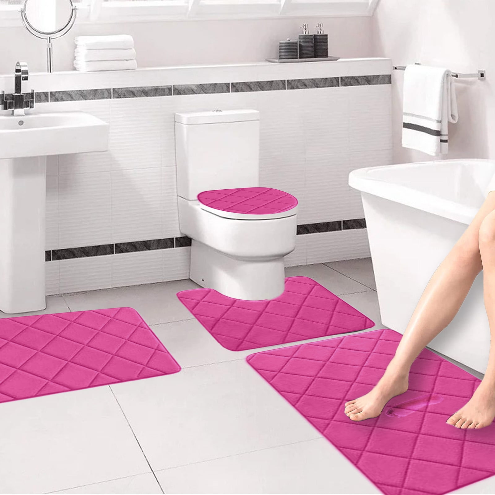 Clearance Tyidzon Bathroom Rugs 4 Piece Ultra Soft & Non-Slip Memory Foam Bath Mats for Bathroom, Absorbent Quick-Drying Bath Mats for Shower Bathroom Floor Rugs Pink - Image 4