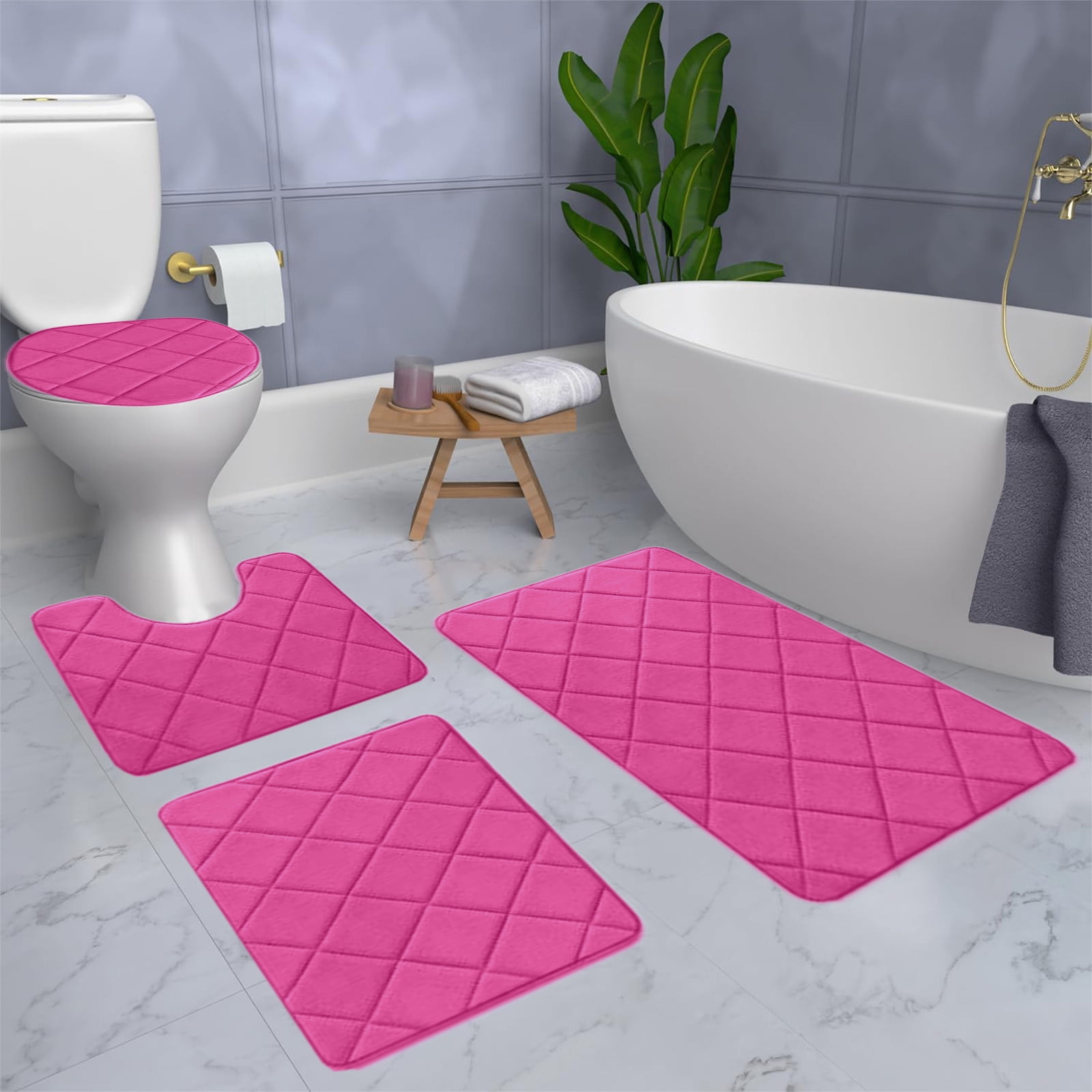 Clearance Tyidzon Bathroom Rugs 4 Piece Ultra Soft & Non-Slip Memory Foam Bath Mats for Bathroom, Absorbent Quick-Drying Bath Mats for Shower Bathroom Floor Rugs Pink - Image 7