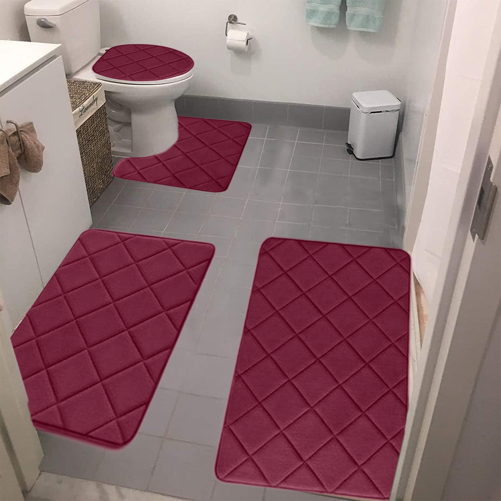 Clearance Tyidzon Bathroom Rugs 4 Piece Ultra Soft & Non-Slip Memory Foam Bath Mats for Bathroom, Absorbent Quick-Drying Bath Mats for Shower Bathroom Floor Rugs Red - Image 1