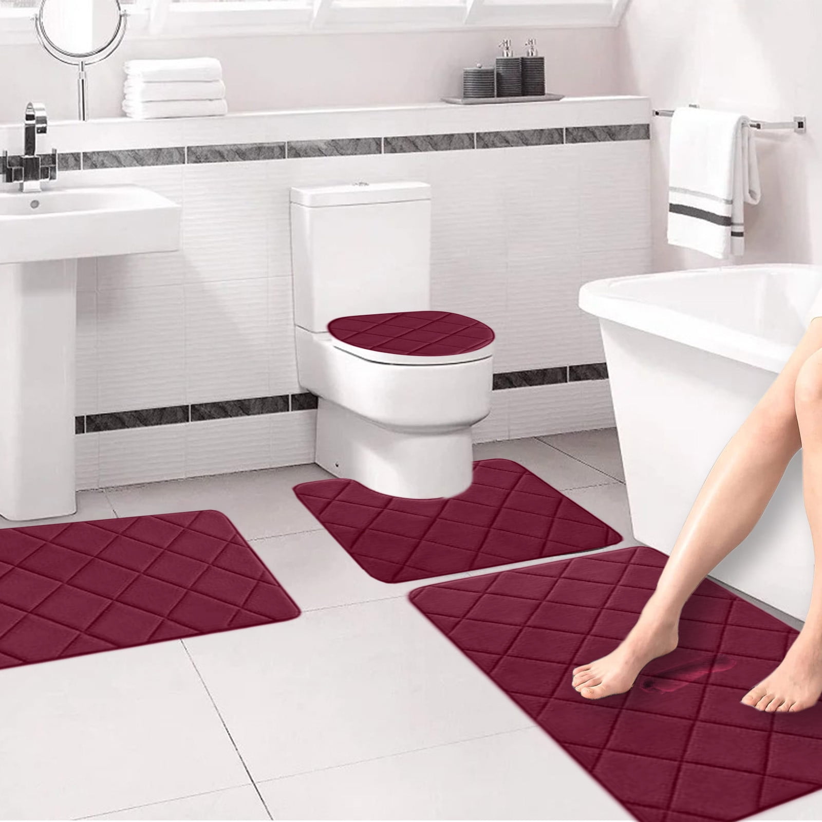 Clearance Tyidzon Bathroom Rugs 4 Piece Ultra Soft & Non-Slip Memory Foam Bath Mats for Bathroom, Absorbent Quick-Drying Bath Mats for Shower Bathroom Floor Rugs Red - Image 4