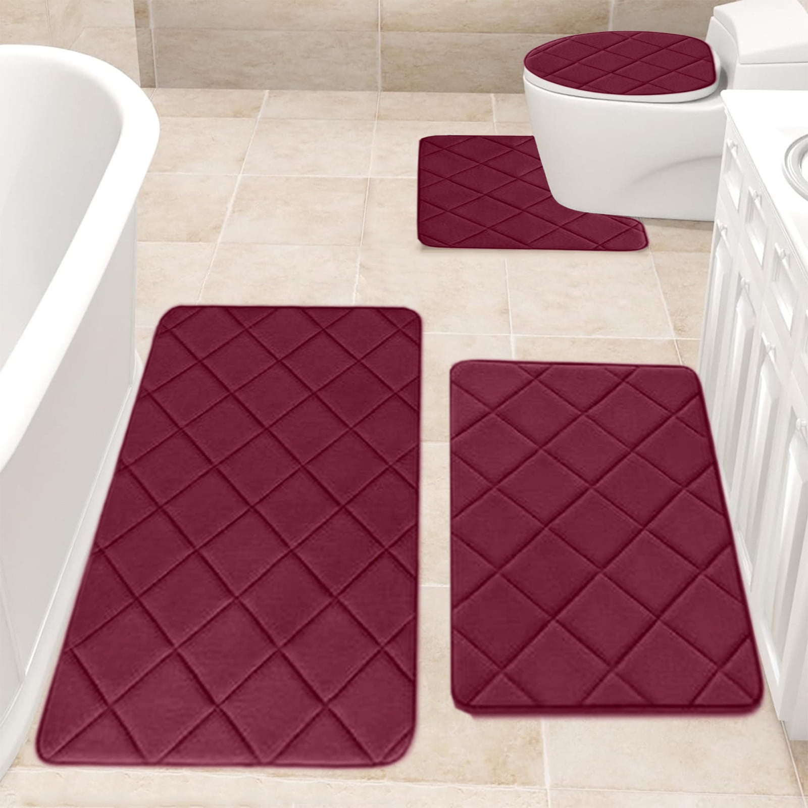 Clearance Tyidzon Bathroom Rugs 4 Piece Ultra Soft & Non-Slip Memory Foam Bath Mats for Bathroom, Absorbent Quick-Drying Bath Mats for Shower Bathroom Floor Rugs Red - Image 5