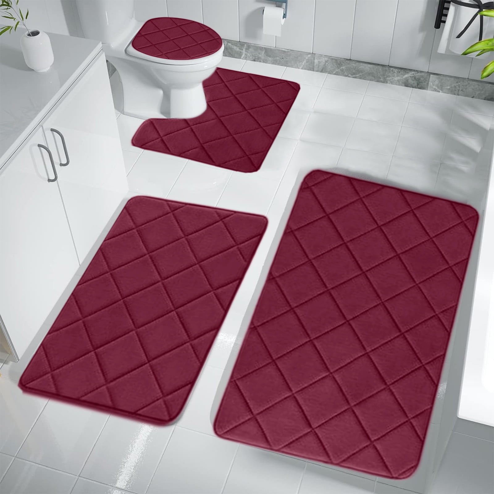 Clearance Tyidzon Bathroom Rugs 4 Piece Ultra Soft & Non-Slip Memory Foam Bath Mats for Bathroom, Absorbent Quick-Drying Bath Mats for Shower Bathroom Floor Rugs Red - Image 7