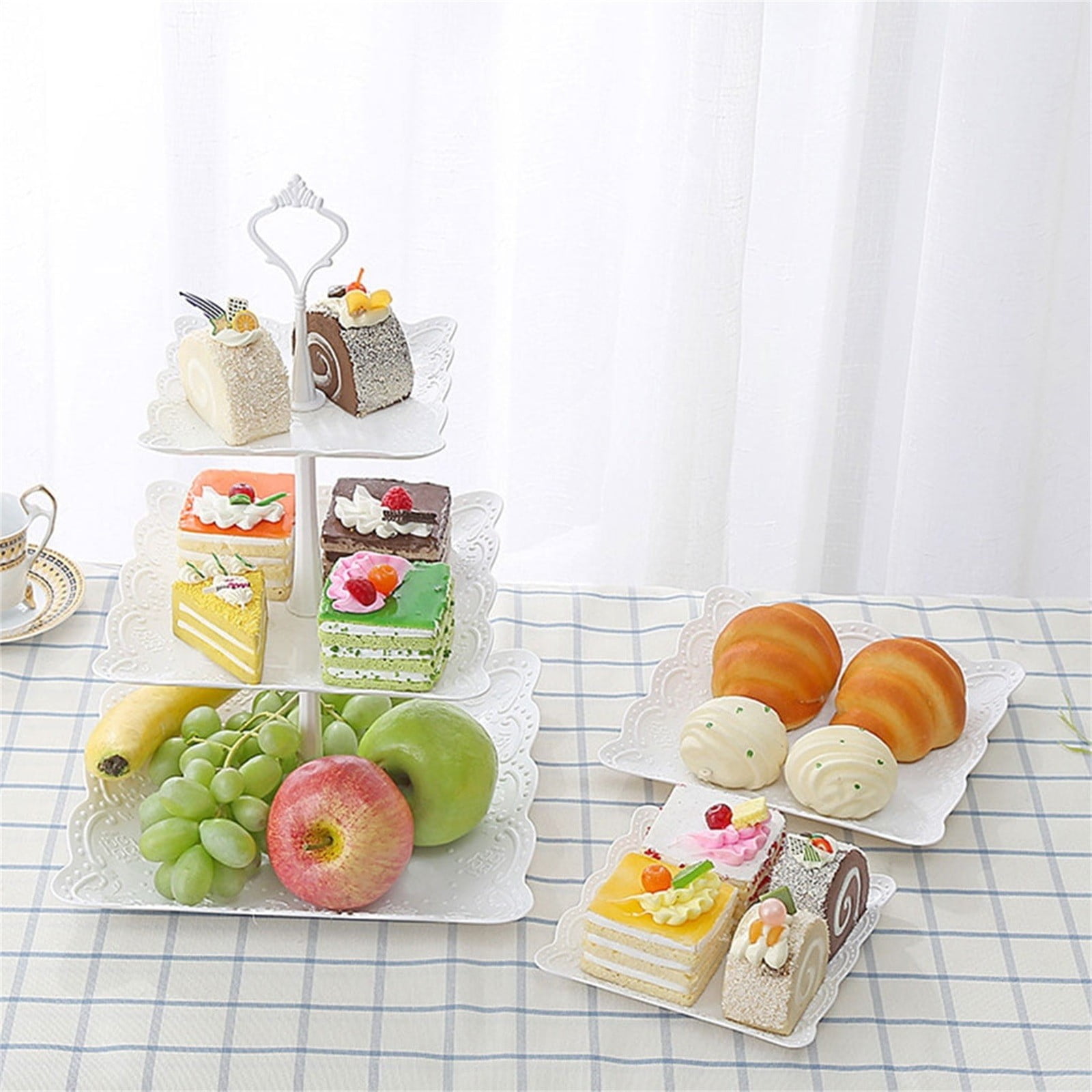 JWDX Cake Stand Clearance! Three-Tier Cake Stand, Three-Tier Fruit Plate, Afternoon Tea Plate H, Cake Stand Fruit Dried Stand Dessert Stand Dessert Fruit Stand Set Plastic Housekeeping & Organizers Z1-White - Image 5