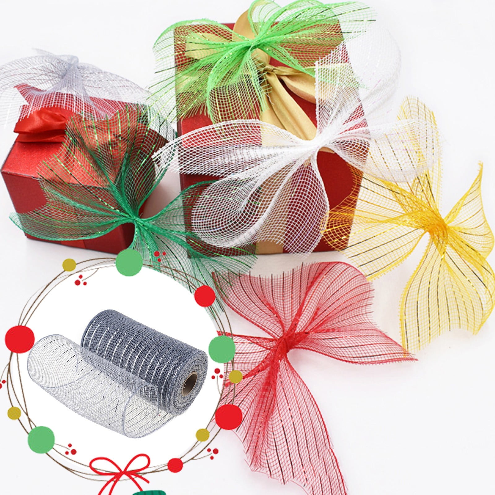 JWDX Gift Yarn Clearance, Packaging Ribbon, Poly Mesh Ribbon with Metallic Foil Each Roll for Wreaths Swags Bows Wrapping and Decorating O - Image 2