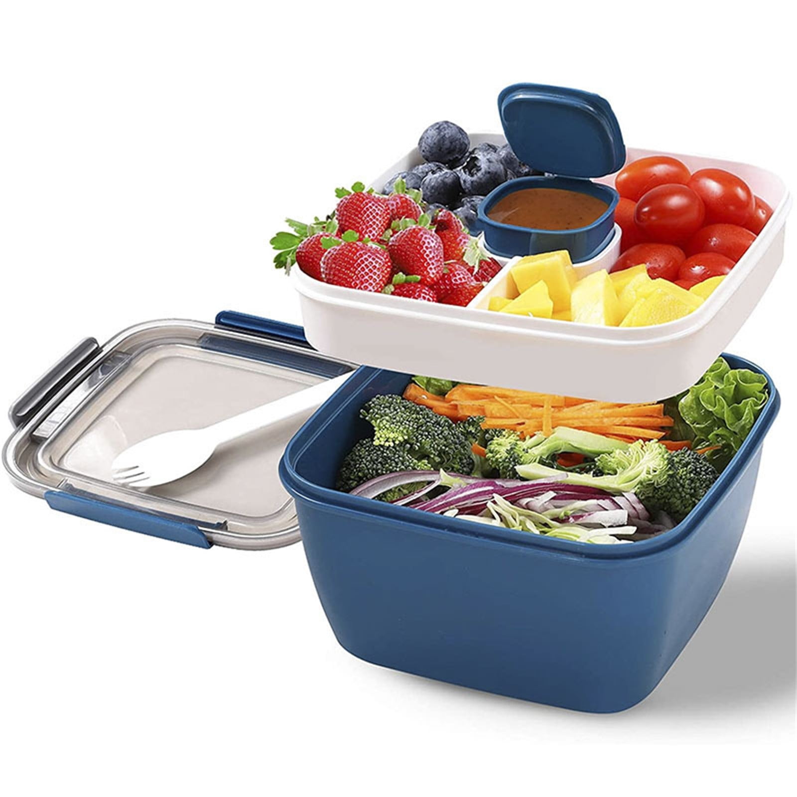 JWDX Food Storage, Light Meal Salad Box Japanese Style Double Layer Compartment Lunch Box, Kitchen Supplies Clearance, 1Pc Portable Box and Salad Bowl Combo Keep Your Food Fresh and Organized Blue - Image 2
