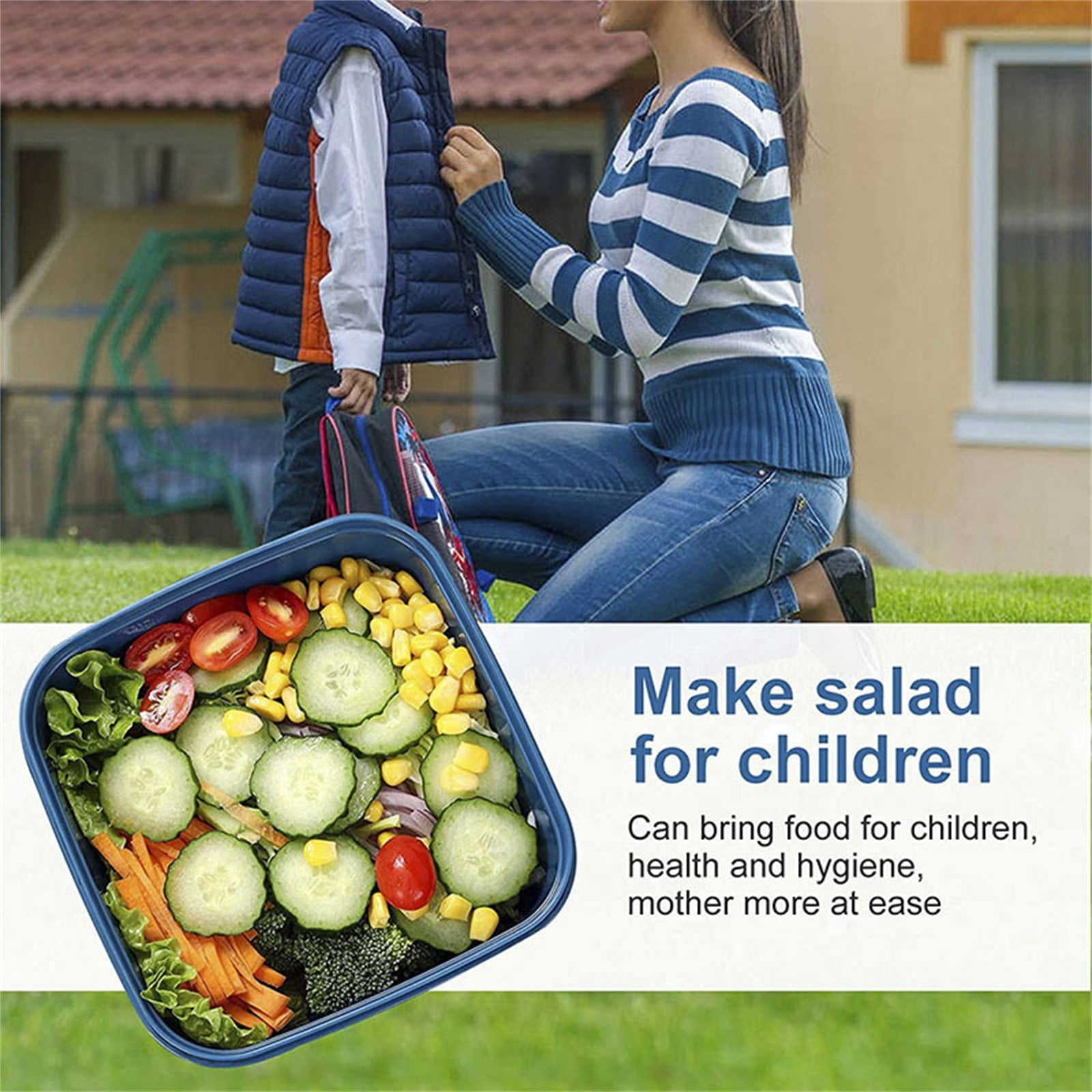 JWDX Food Storage, Light Meal Salad Box Japanese Style Double Layer Compartment Lunch Box, Kitchen Supplies Clearance, 1Pc Portable Box and Salad Bowl Combo Keep Your Food Fresh and Organized Blue - Image 5