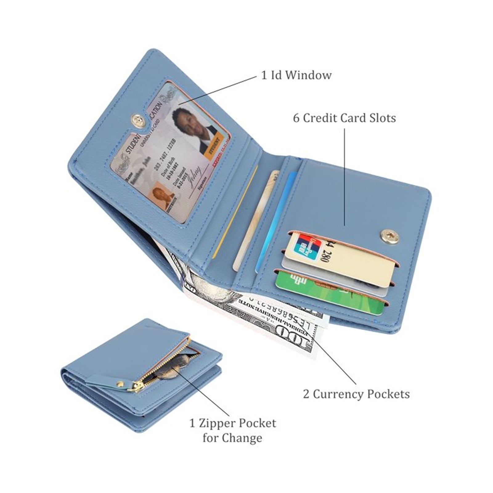 Leather Wallet for Women Small Leather Wallet Rfid Blocking Credit Card Holder Ladies Purse Zipper Pocket Wallet for Women Girls Blue/Grey, School Supplies: Business Card Holder Z-Blue - Image 1
