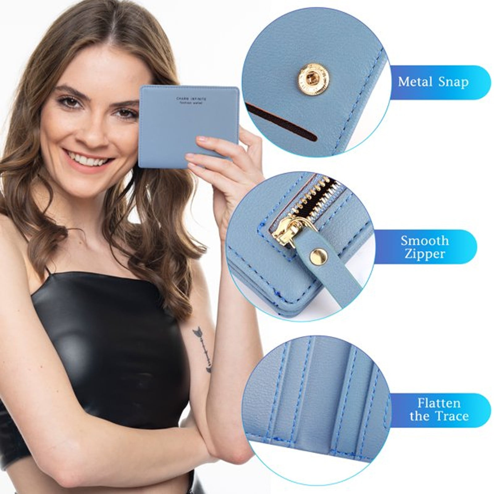 Leather Wallet for Women Small Leather Wallet Rfid Blocking Credit Card Holder Ladies Purse Zipper Pocket Wallet for Women Girls Blue/Grey, School Supplies: Business Card Holder Z-Blue - Image 4