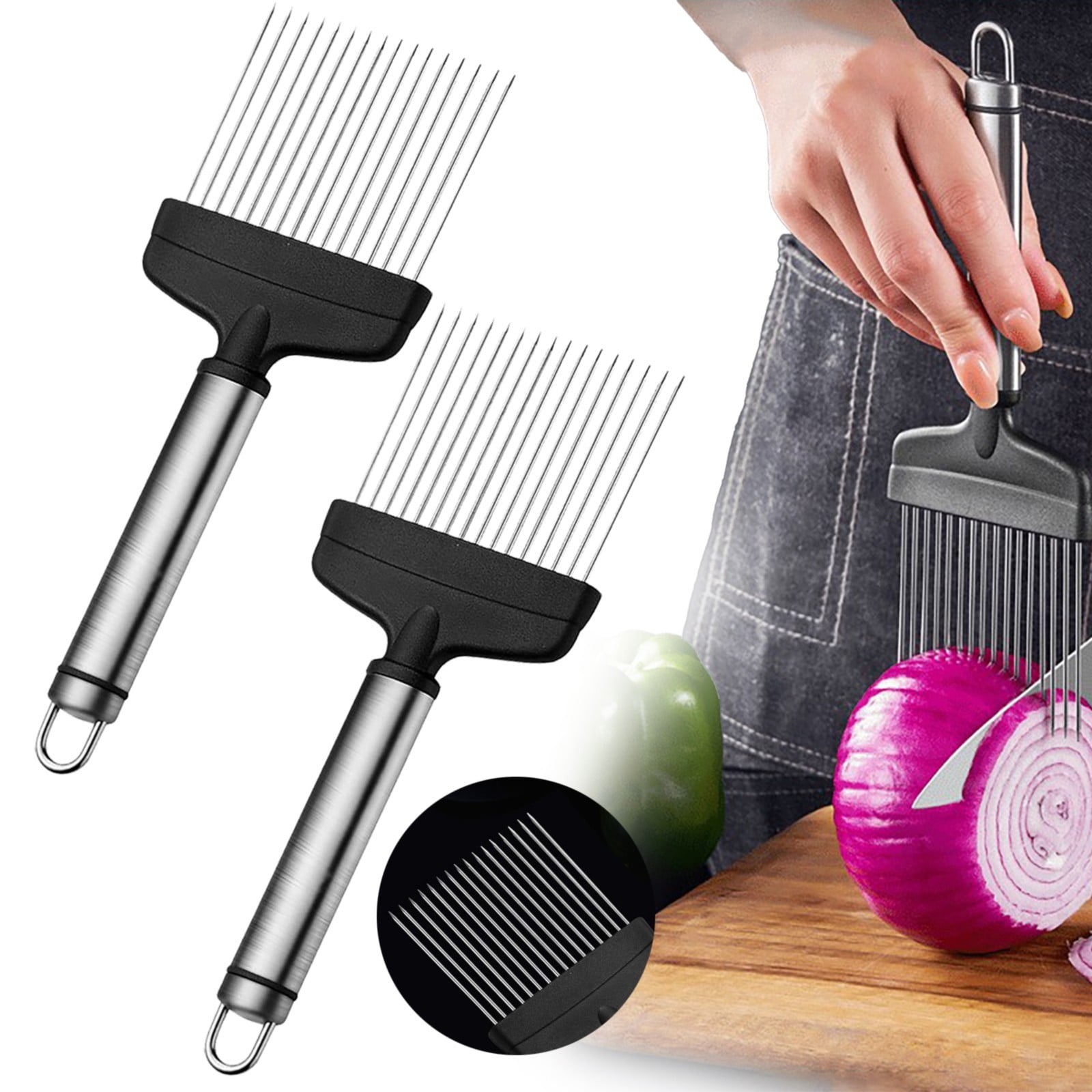 JWDX Cooking Utensils Clearance, Onion Slicer Stainless Steel Onion Cutter Onion Holder for Slicing and Storage Onions Tomato Eggs and Vegetables Protective Cover Included Dishwasher B - Image 2