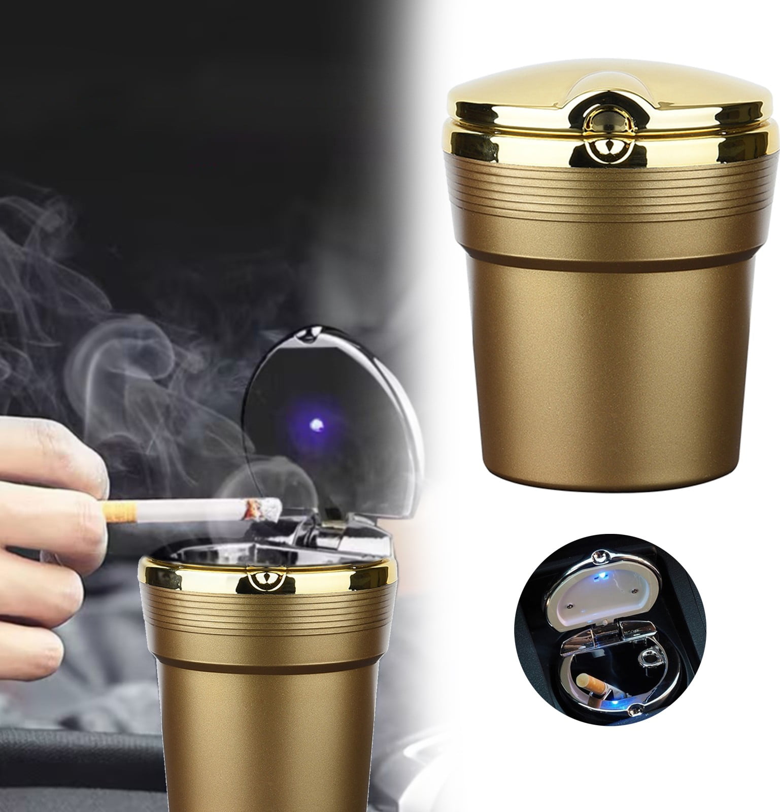 JWDX Storage Containers Clearance, Car Ashtray Cup Holder Led Portable Car Truck with Lid Suitable for Home Car Ashtray Gold - Image 2