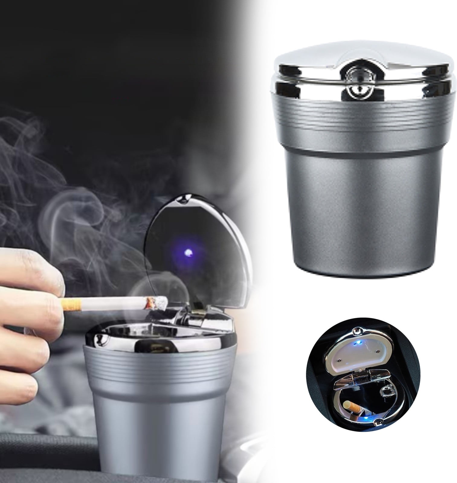 JWDX Storage Containers Clearance, Car Ashtray Cup Holder Led Portable Car Truck with Lid Suitable for Home Car Ashtray Silver - Image 2