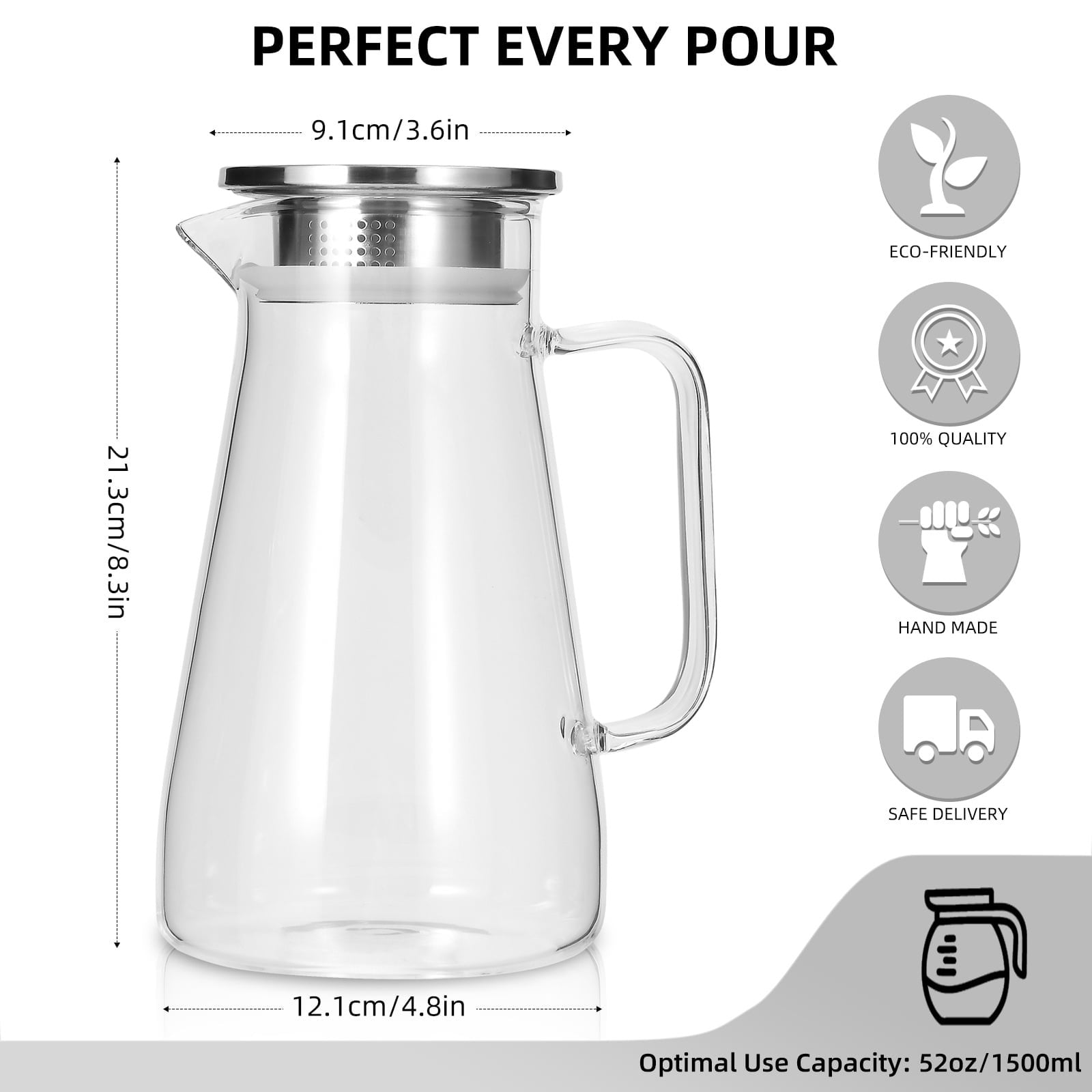 JWDX Glass and Bottle Clearance, 52 Oz Glass Pitcher with Stainless Lid Water Carafe with Handle Clear Good Beverage Pitcher for Homemade Juice and Iced Tea As shown - Image 4
