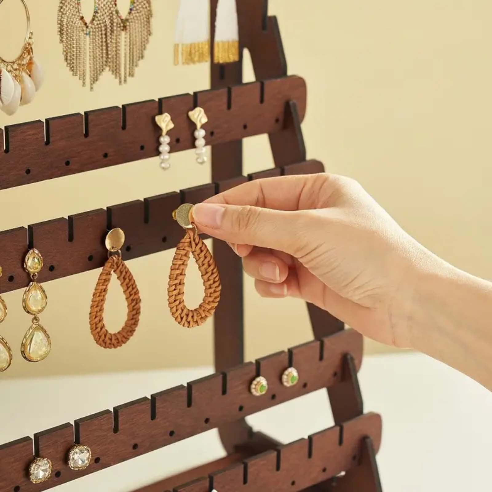 JWDX Rack Clearance, Earring Display Wood Earring Stand Organizer Stud Earrings Tower Jewelry Organizer Holder for Stud Hook Earrings Organizer Brown - Image 7
